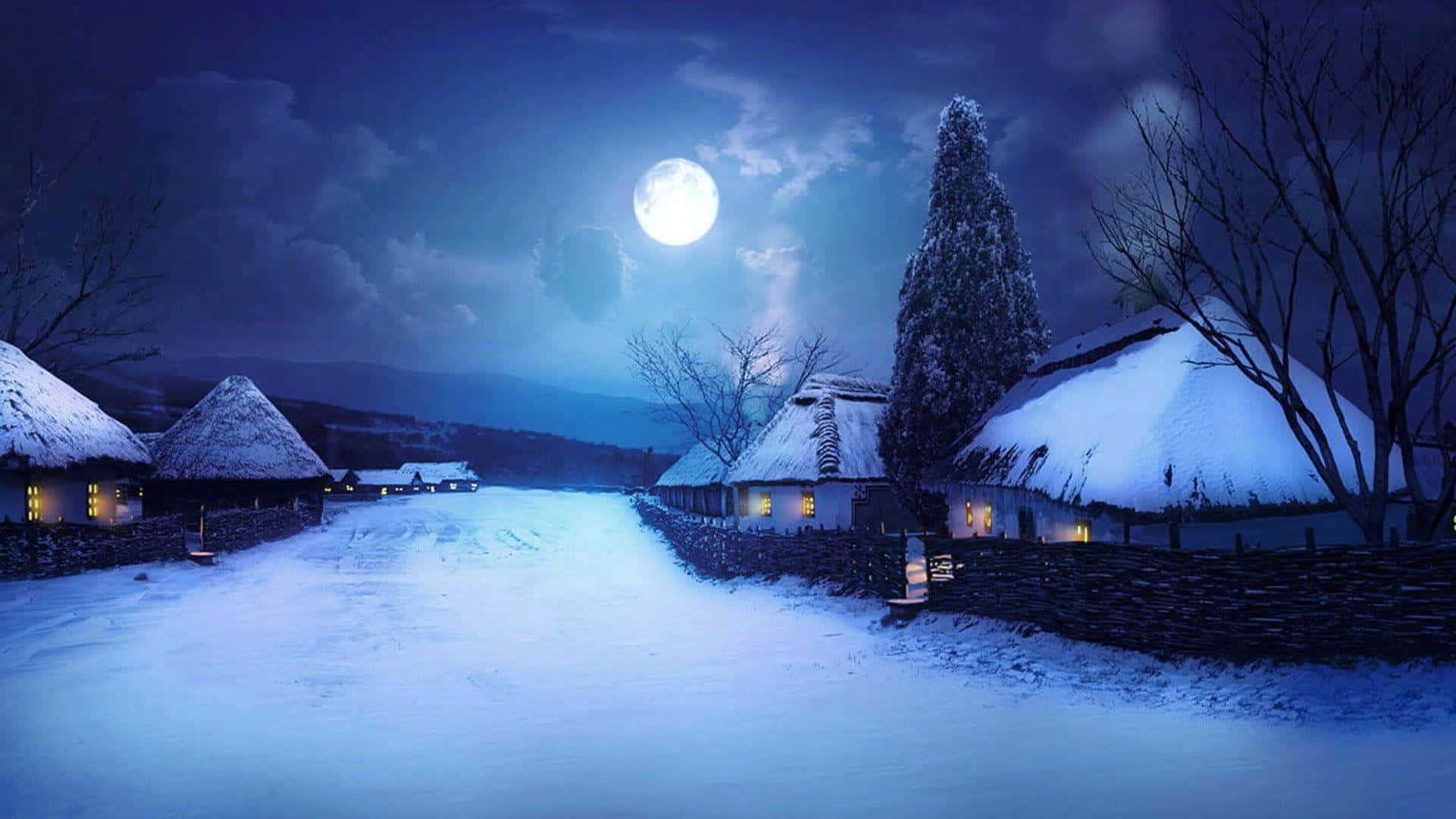 cabin 桌布 壁紙 — 雪夜村路，明亮滿月下，茅草小屋內透出溫暖光芒。
