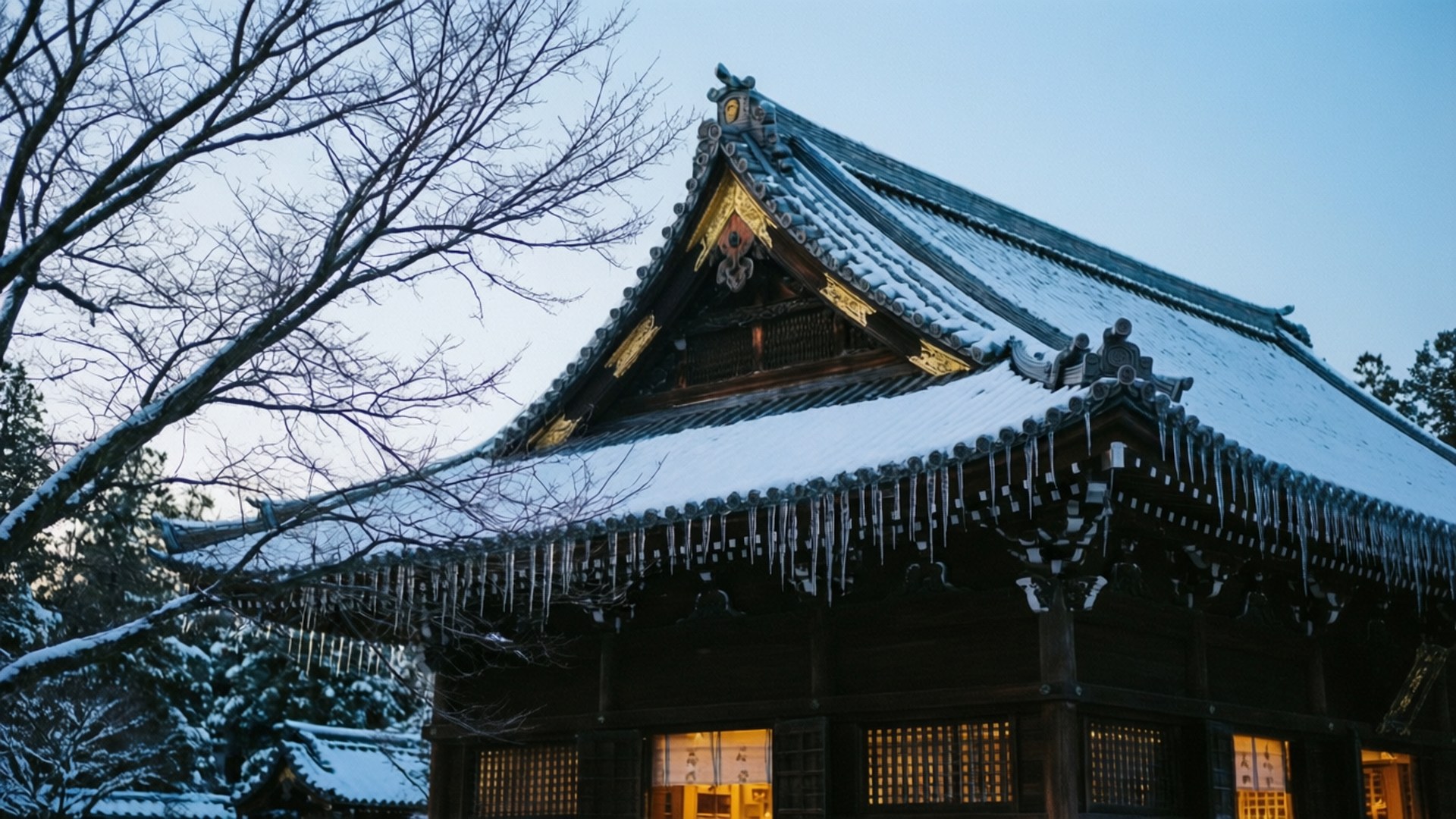雪寺暮色 壁紙