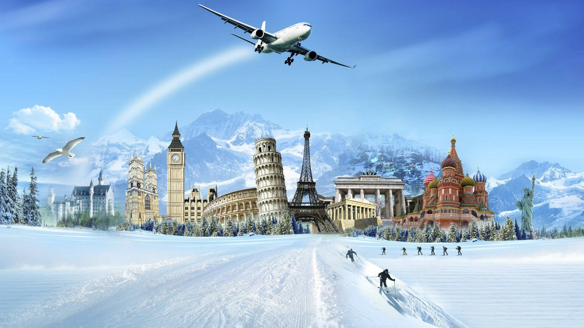旅行 桌布 壁紙 — 雪景中呈現全球地標，如大笨鐘和艾菲爾鐵塔，在藍天下有飛機飛過和滑雪者。