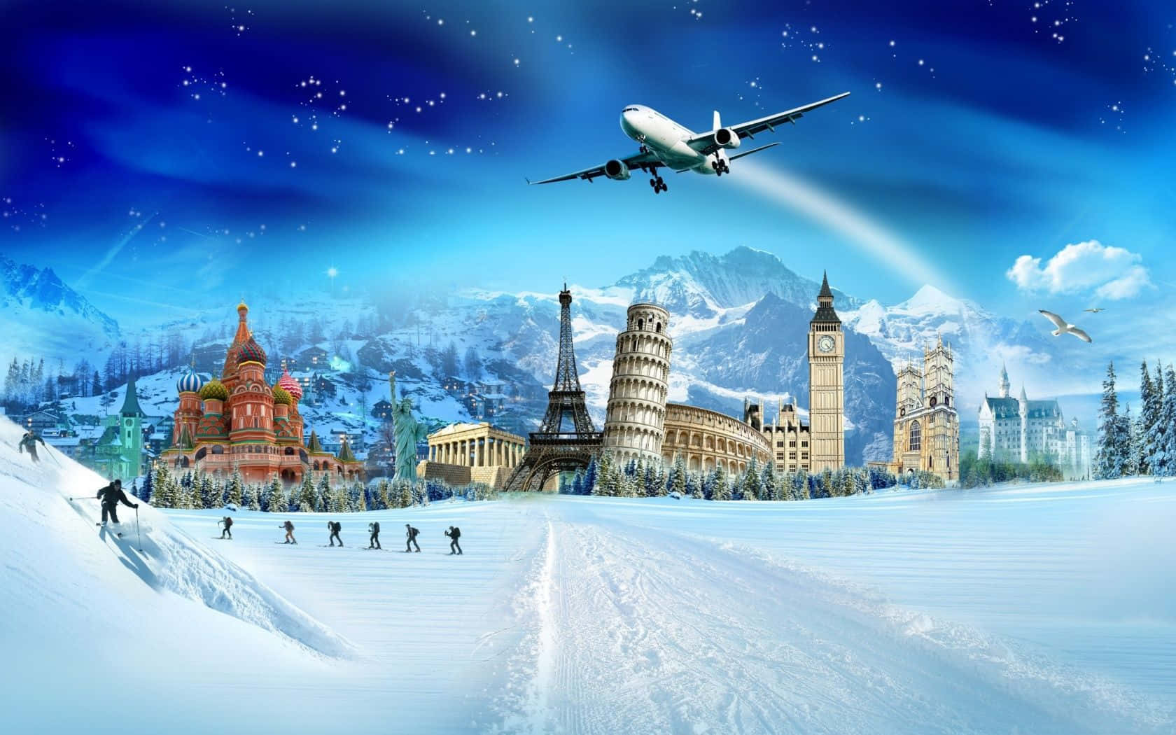 Travel And Tourism 桌布 壁紙 — 雪景中展示了全球地標，如艾菲爾鐵塔和大笨鐘，在星空下有一架飛機飛過。