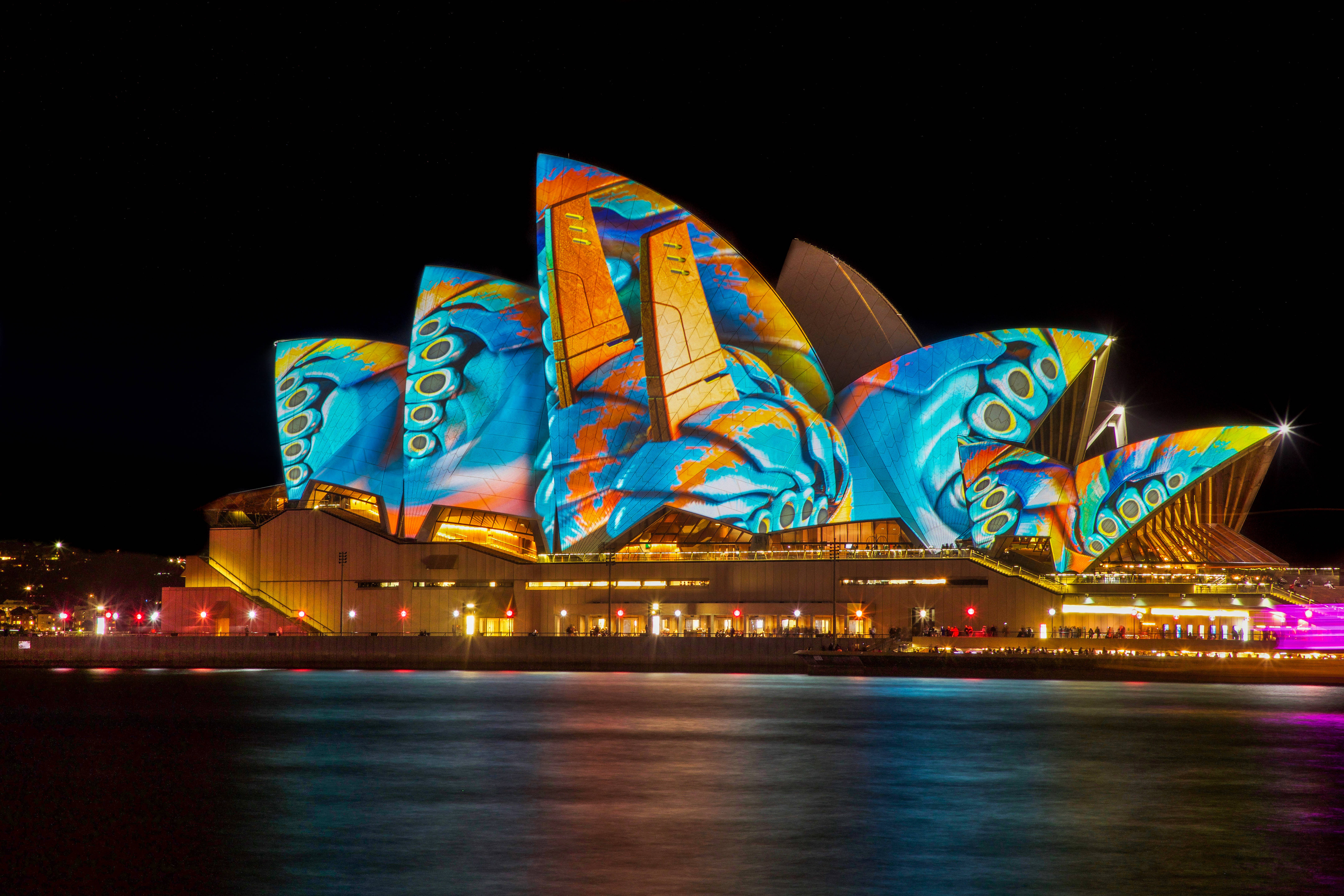 Sydney 桌布 壁紙 — 雪梨歌劇院在漆黑的夜空和寧靜的水面上，散發出鮮豔的藍色、橙色和黃色投影。