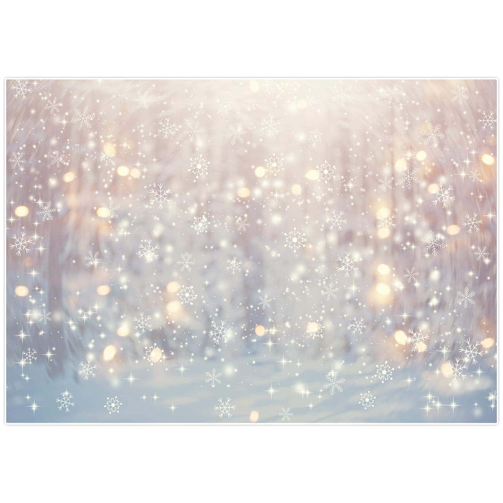 圖案 桌布 壁紙 — 雪花和星爆在柔和散景的冬日森林中飄蕩，閃爍著溫暖的金色光芒。