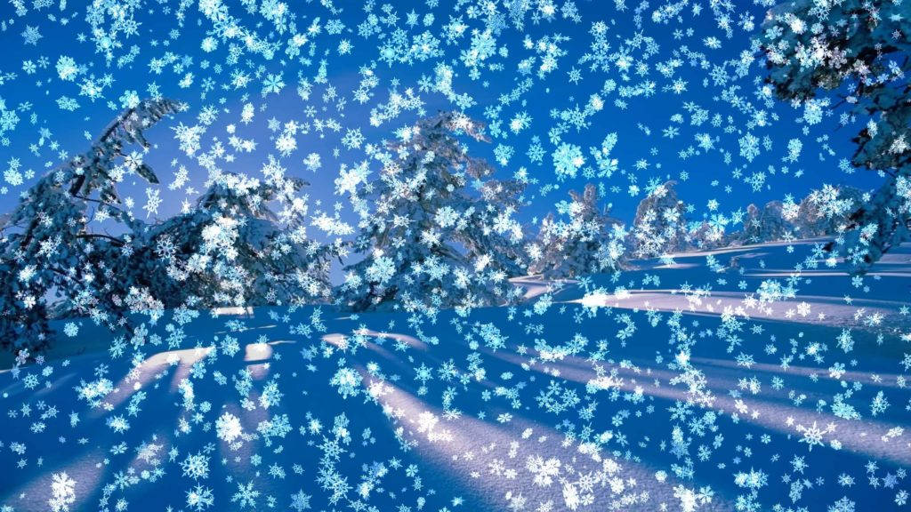 動態桌布 桌布 壁紙 — 雪花在充滿活力的藍色冬日天空中飄蕩，飄落在白雪覆蓋的松樹和冰凍的景觀之上。