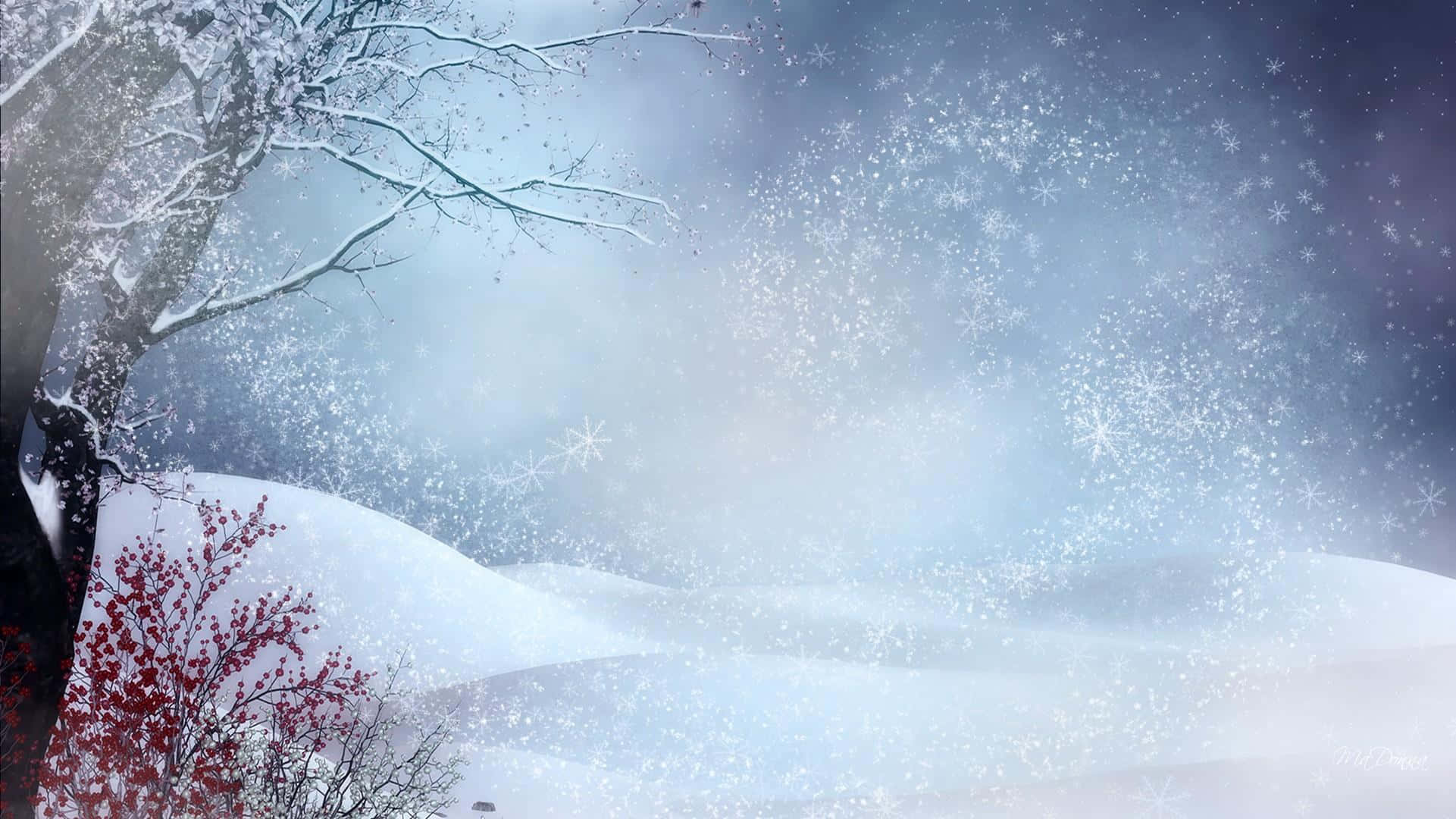 Winter Forest 桌布 壁紙 — 雪花在冬日天空中旋轉，飄落在白雪覆蓋的山丘上，有一棵孤樹和紅葉灌木。
