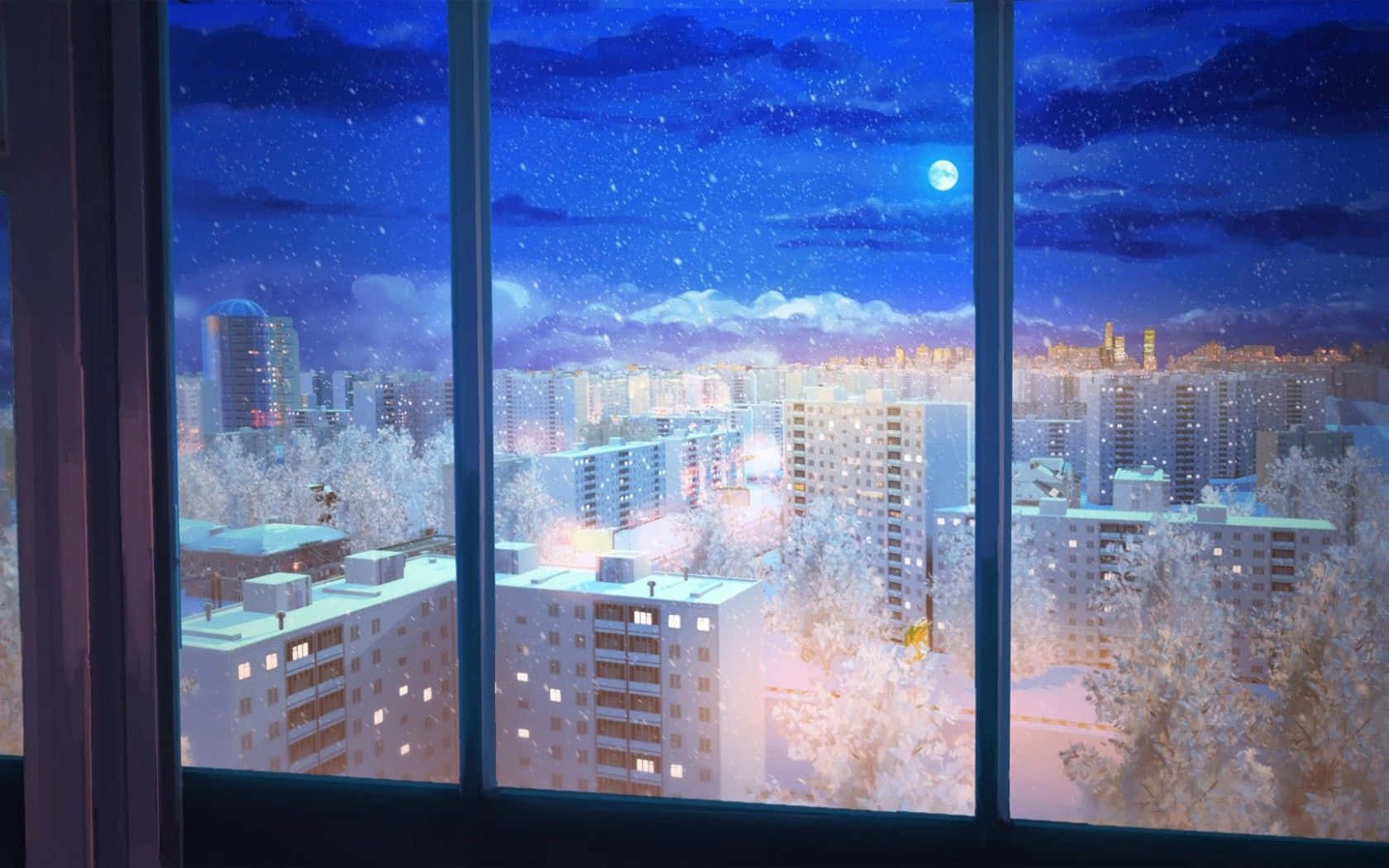 雪 桌布 壁紙 — 雪花在月光下飄舞，冰霜覆蓋的城市景觀從窗戶內閃爍著光芒。