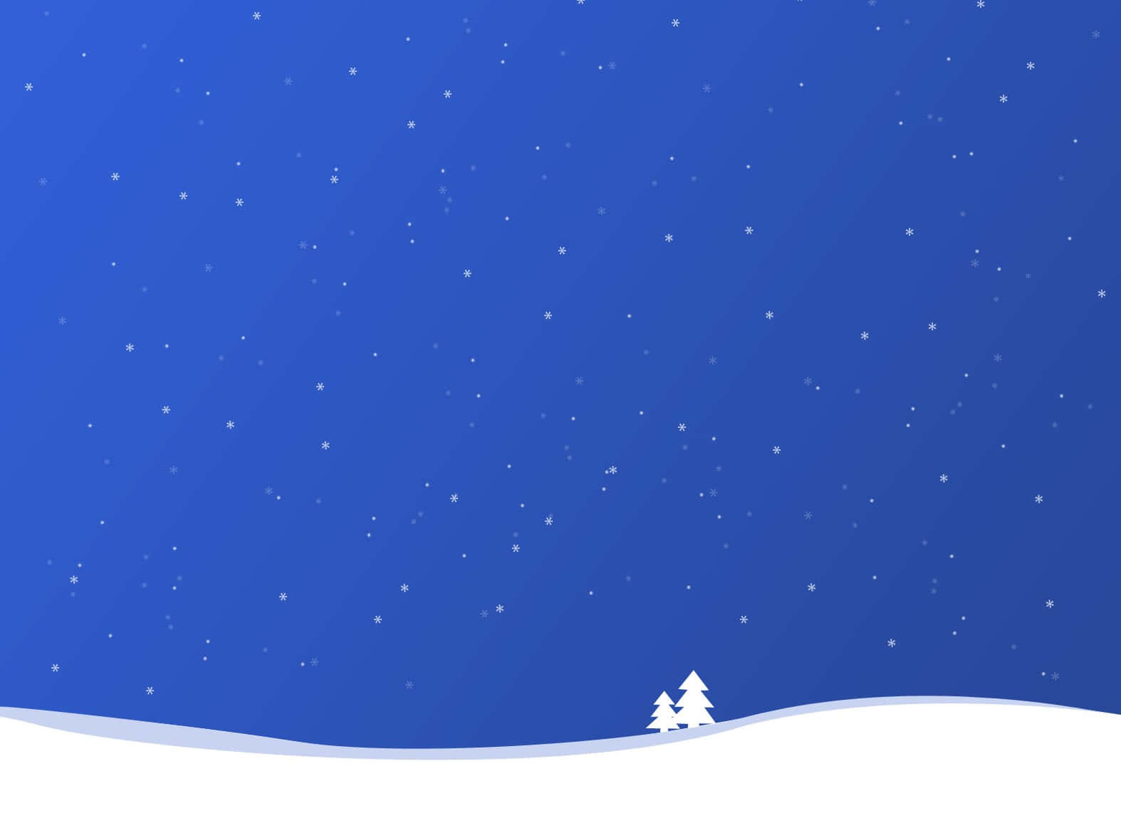 High Resolution Christmas 桌布 壁紙 — 雪花在深藍色的暮色天空中輕輕飄落，落在一個有兩棵小常青樹的雪丘上。