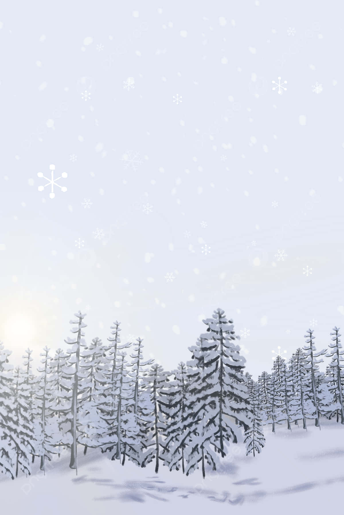 Winter Landscape 桌布 壁紙 — 雪花在蒼白的天空下，輕輕飄過一片覆蓋著白雪的常青樹構成的寧靜冬日森林。