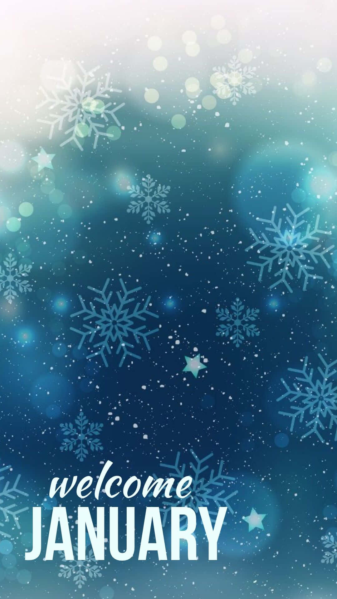 手機 桌布 壁紙 — 雪花在閃爍的藍色冬日天空中飄蕩，伴隨著散景燈光和粗體的歡迎一月文字。