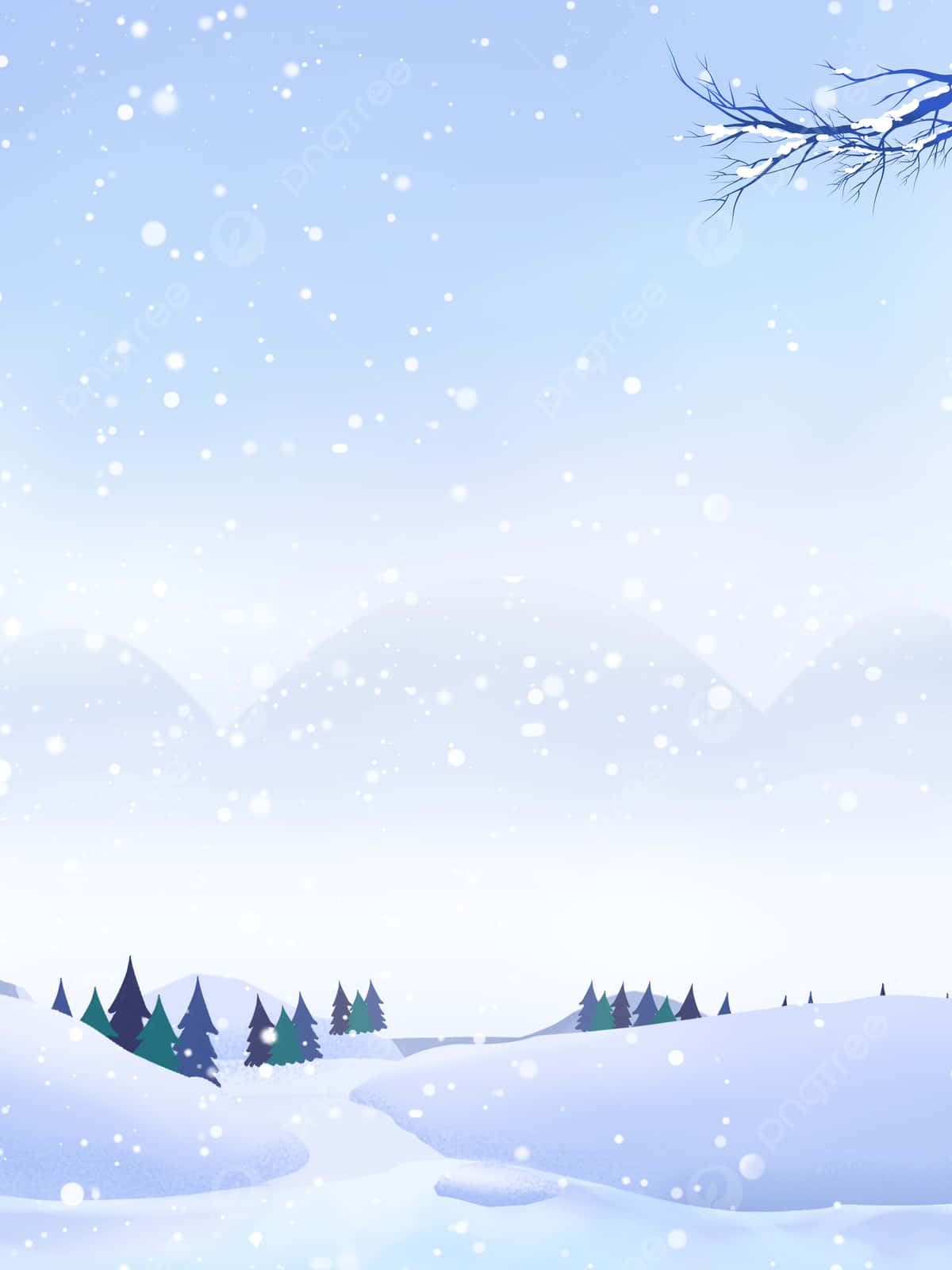 Snowing 桌布 壁紙 — 雪花輕輕飄落在寧靜的冬季景觀上，有白雪覆蓋的山丘和遠處的松樹，在淡藍色的天空下。