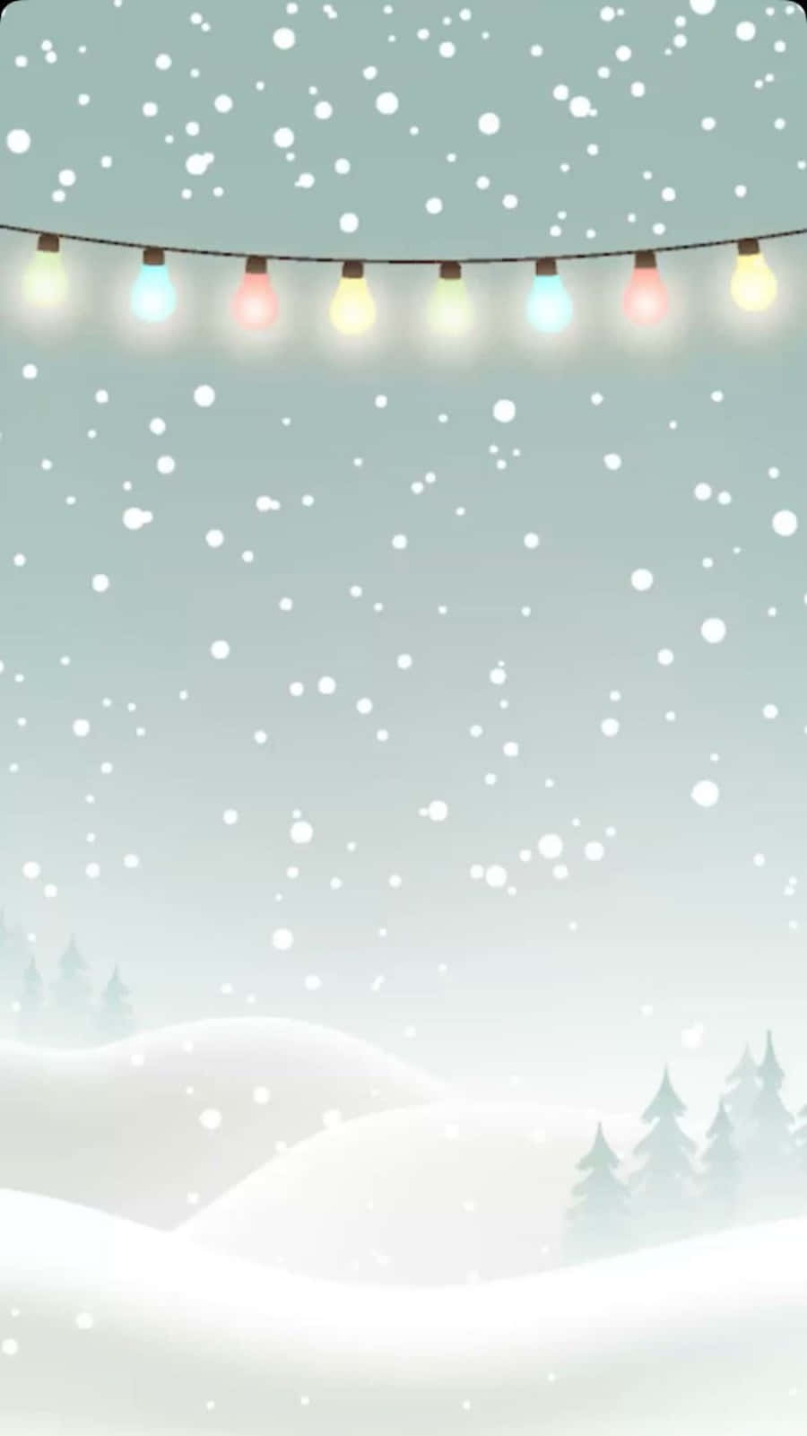 Cute Christmas Phone 桌布 壁紙 — 雪花輕輕飄落在寧靜的冬日景觀上，下方是一串色彩繽紛的發光燈飾。