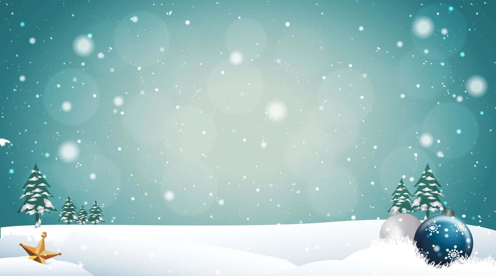 Snowy Christmas 桌布 壁紙 — 雪花輕輕飄落在寧靜的冬日景觀上，覆蓋著白雪的松樹和節日裝飾，呈現柔和的青綠色和白色調。