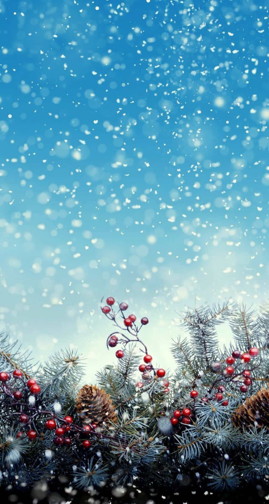 節日常青樹枝，飾有紅色漿果和松果，在飄雪和藍天下。 — 雪花 GIF 壁紙