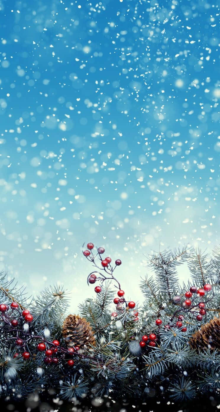 Snow Falling 桌布 壁紙 — 雪花輕輕飄落在明亮的藍天下，點綴著紅莓和松果的節日常青樹枝上。