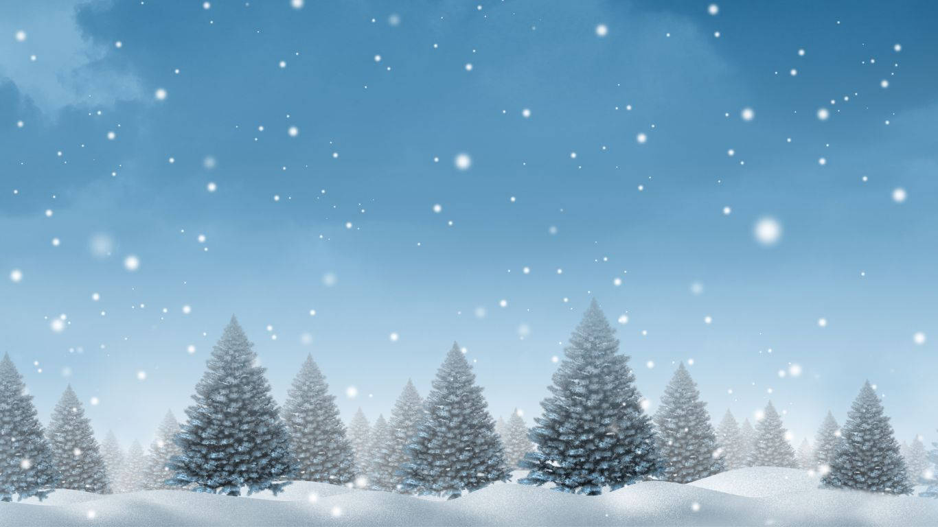 桌布 壁紙 — 雪花輕輕飄落在晴朗藍天下白雪覆蓋的常綠樹構成的寧靜冬日森林上。