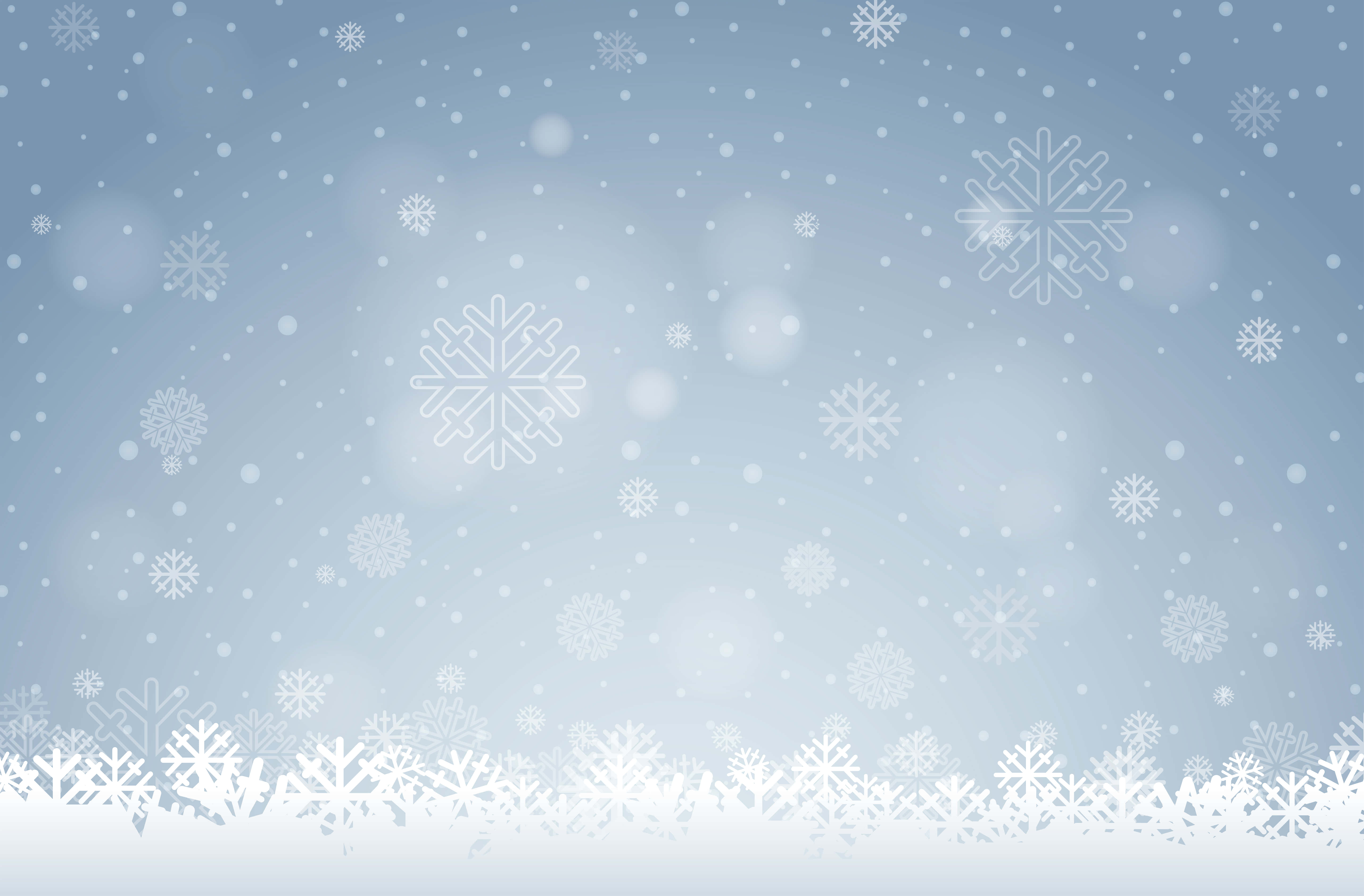 Snowflakes 桌布 壁紙 — 雪花輕輕飄落在柔和的藍色漸層天空上，帶有雪地邊界。
