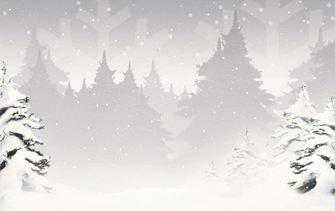 聖誕樹動畫 桌布 壁紙 — 雪花飄落，白雪覆蓋著寧靜冬日森林中的常青樹。