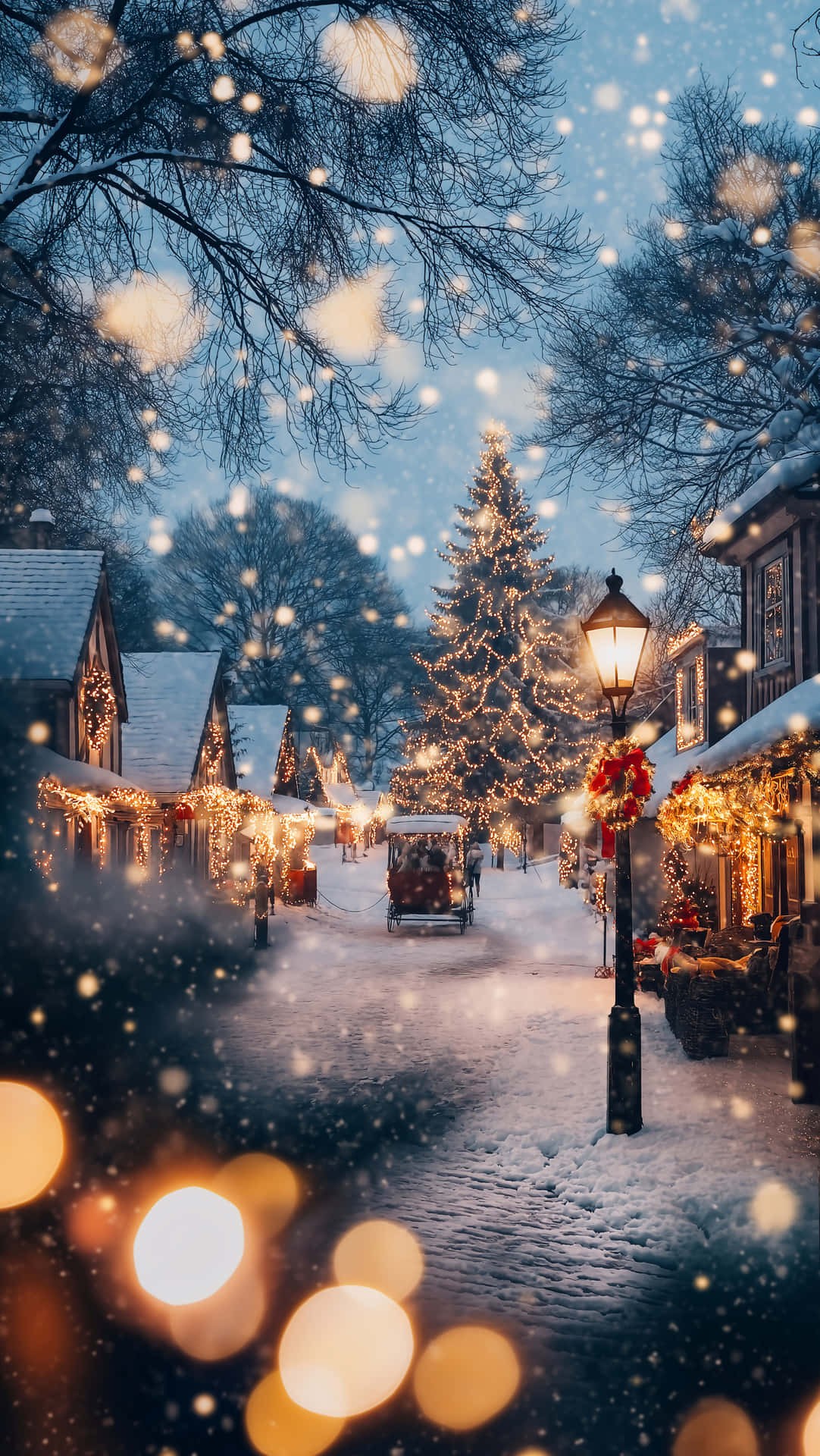 Christmas Wallpapers 壁紙 — 雪花飄過一條溫暖明亮的村莊街道，街道上裝飾著閃爍的聖誕燈飾和高聳的裝飾樹。