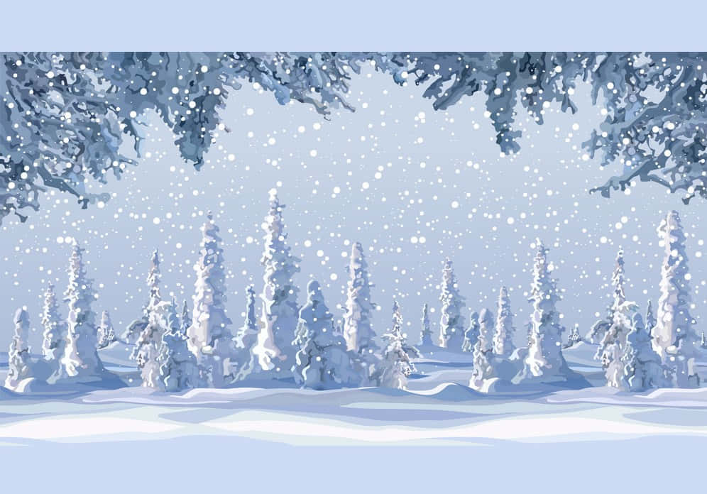 背景 桌布 壁紙 — 雪花飄過寧靜的冬日森林，被積雪的樹枝框住，映襯著柔和的藍天。