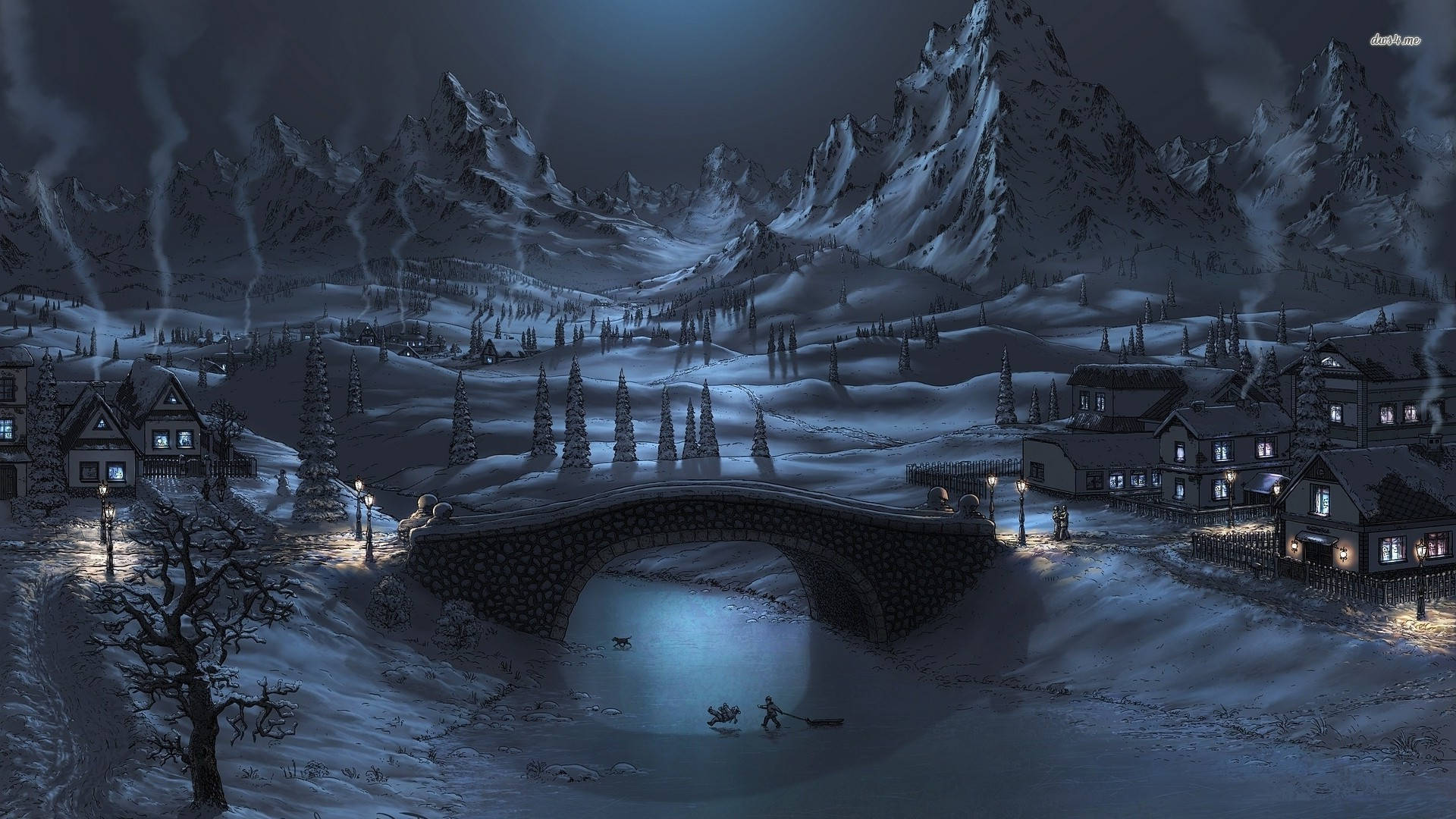 風景 桌布 壁紙 — 雪覆蓋的山村夜晚，石橋橫跨河流，房屋在黑暗的天空下溫暖地發光。