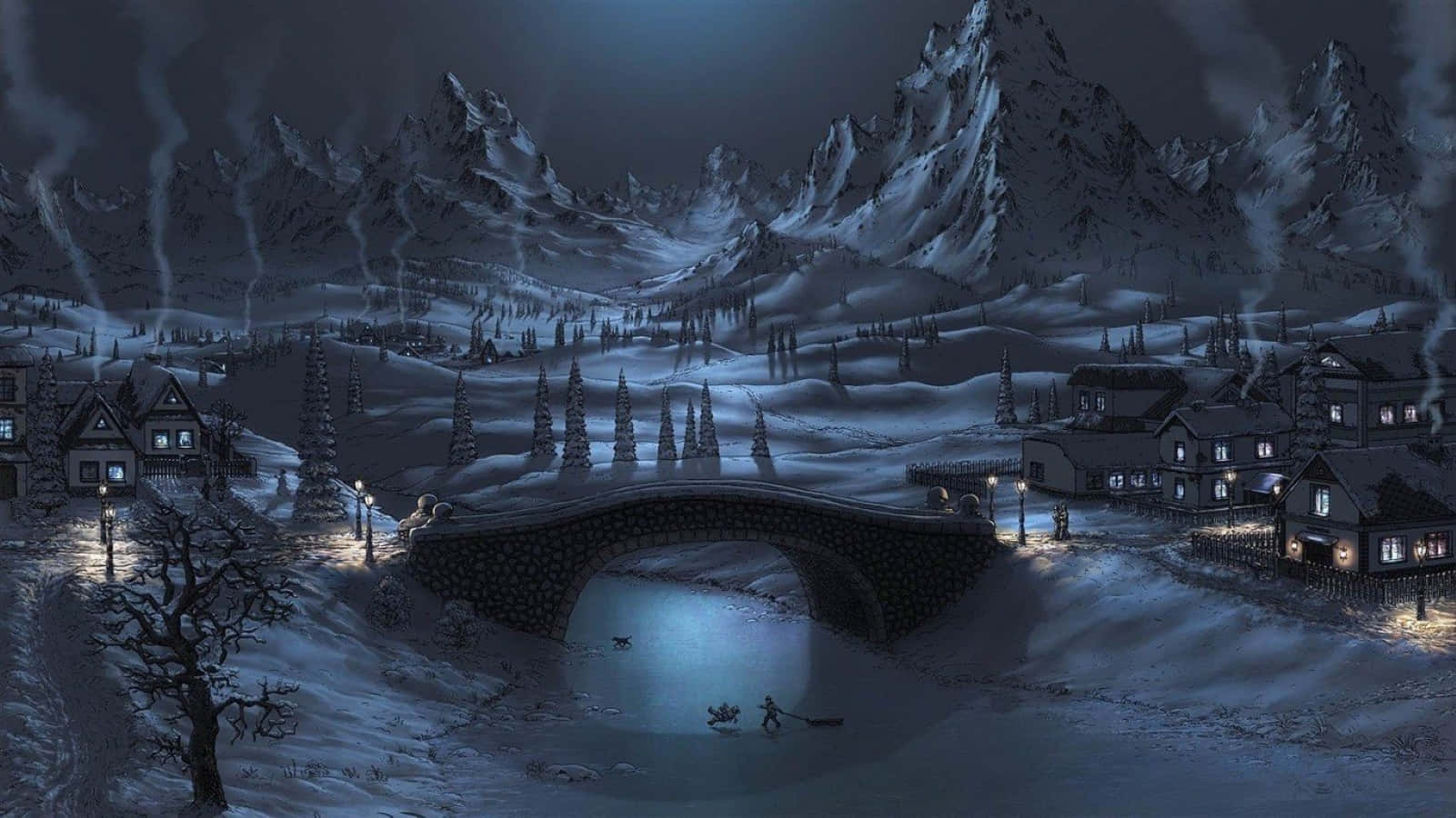 Cute Winter Aesthetic 桌布 壁紙 — 雪覆蓋的山村夜晚，石橋橫跨河流，人物在發光的燈籠下釣魚。
