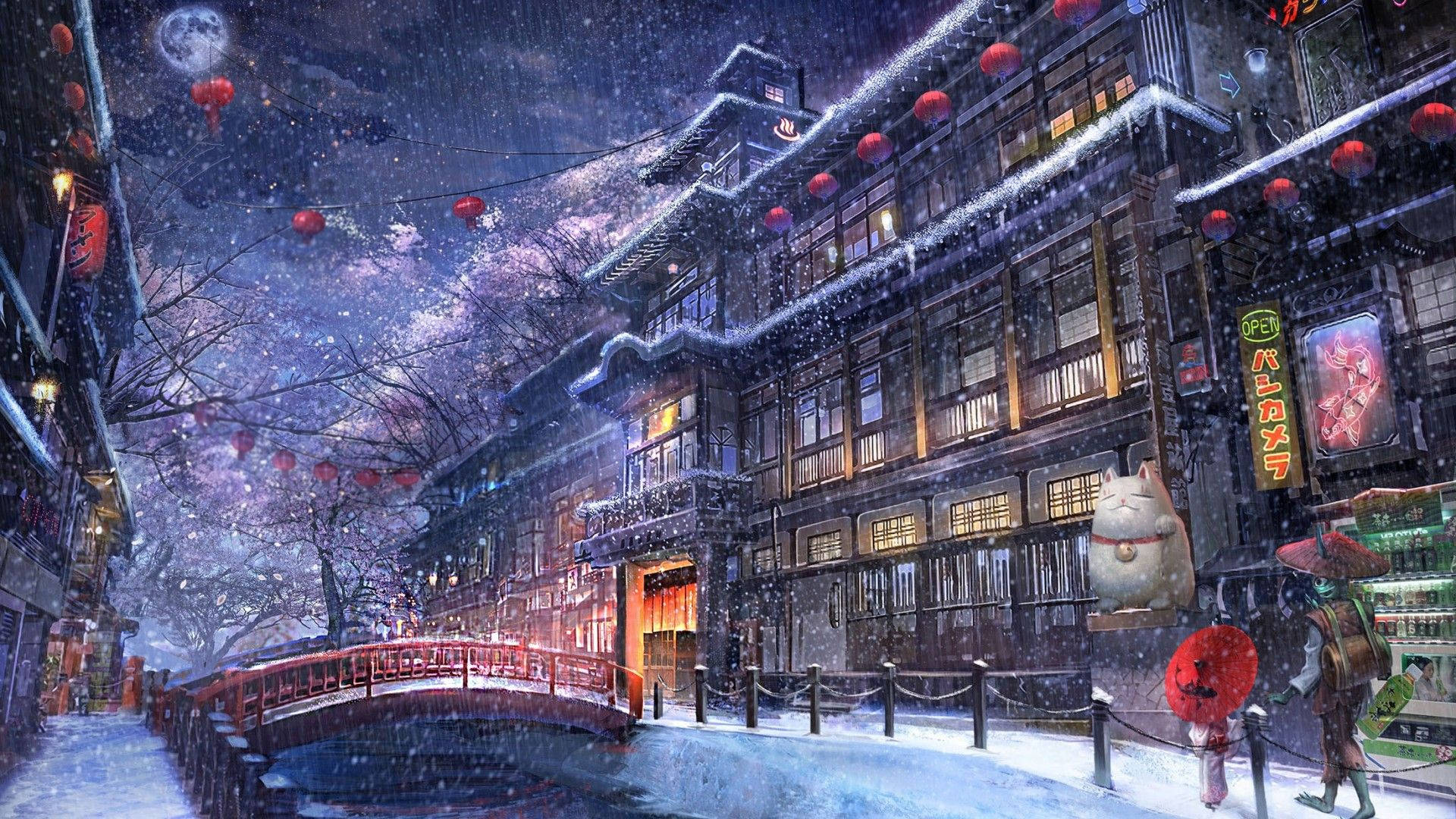 動漫城市 桌布 壁紙 — 雪覆蓋著一條在滿月下閃耀的日本街道，有紅色燈籠、櫻花和一個貓雕像。