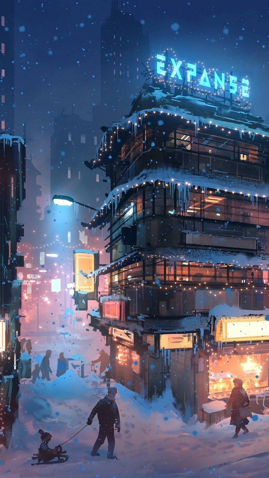 Building 桌布 壁紙 — 雪覆蓋著一條夜晚霓虹燈照亮的城市街道，人們走過發光的商店櫥窗和一座帶有發光招牌的高聳建築。