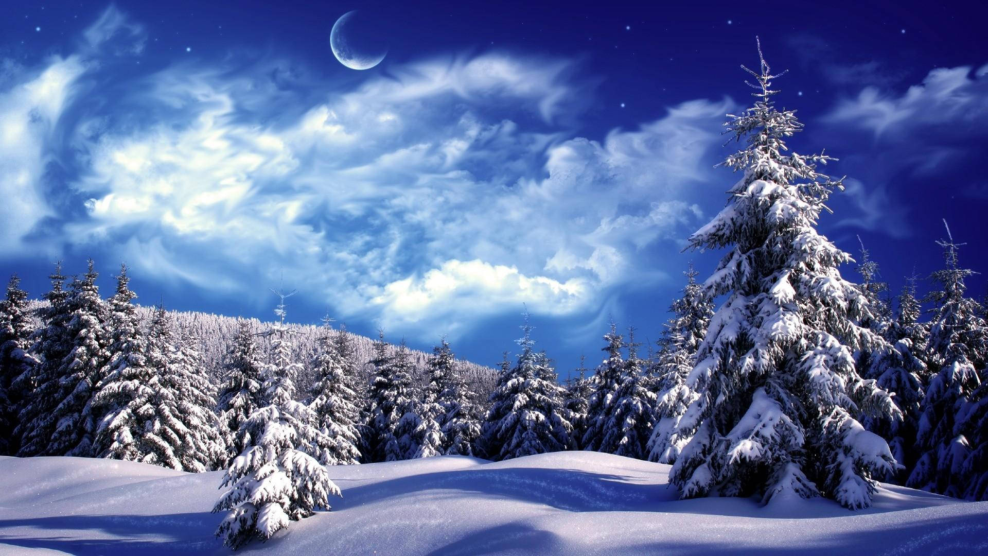 Windows 冬季 桌布 壁紙 — 雪覆蓋著常綠樹，在充滿活力的藍色夜空下，有新月和旋轉的雲。