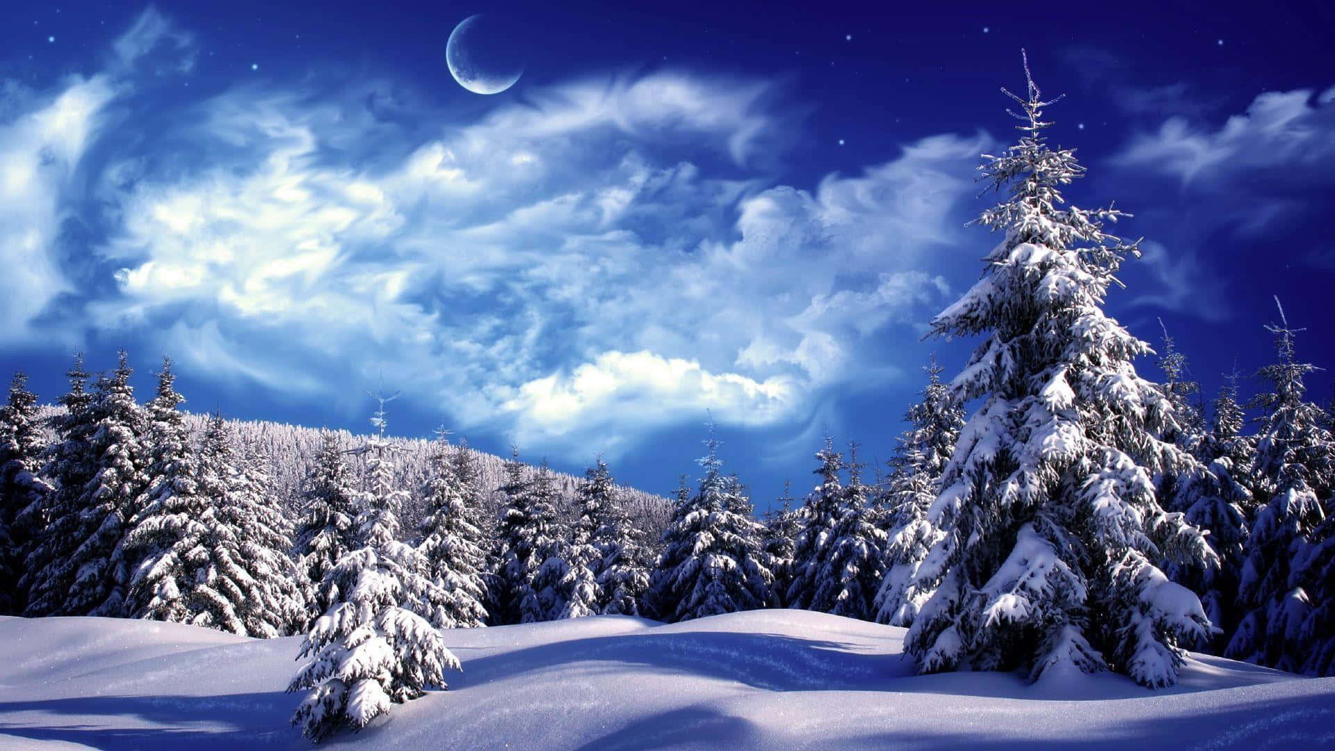Winter Blues 桌布 壁紙 — 雪覆蓋著常綠樹，在充滿活力的藍色夜空下，有一彎新月和旋轉的雲。