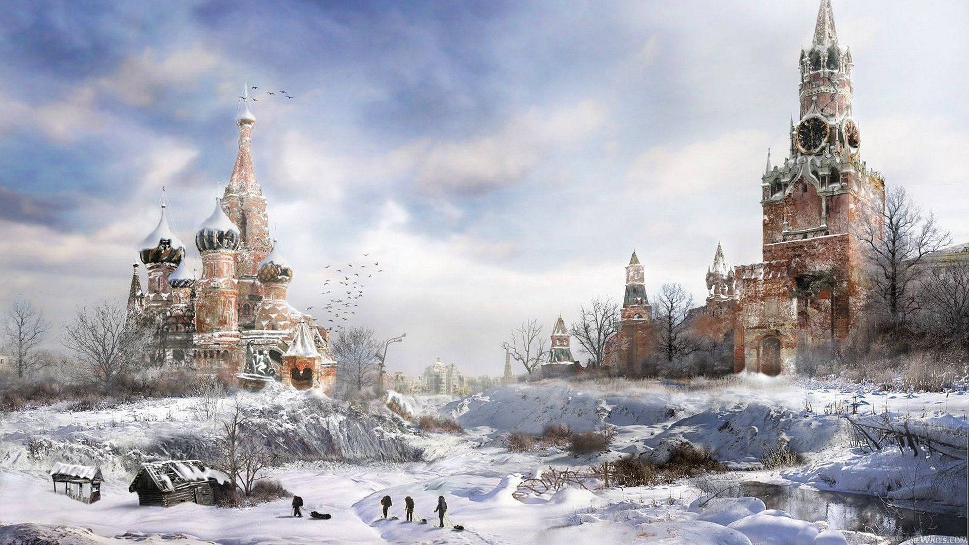 Russia 桌布 壁紙 — 雪覆蓋著歷史悠久的俄羅斯教堂和塔樓，在陰沉的冬日天空下，有光禿禿的樹木和遠處的人影。