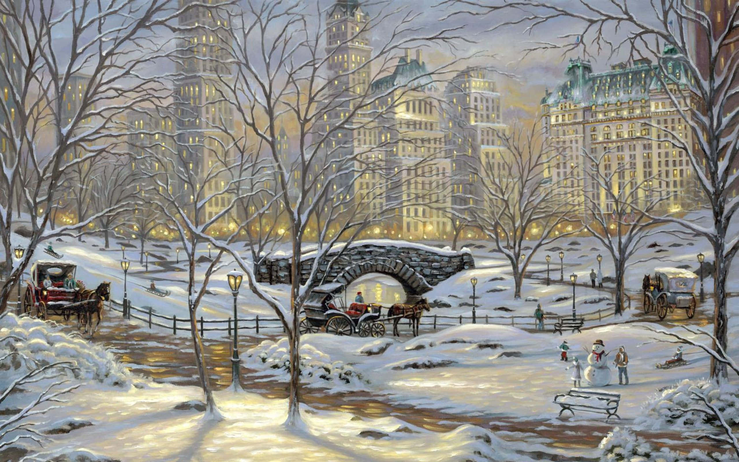 Winter Scene 桌布 壁紙 — 雪覆蓋著黃昏時分的城市公園，有馬車和兒童在石橋附近堆雪人。