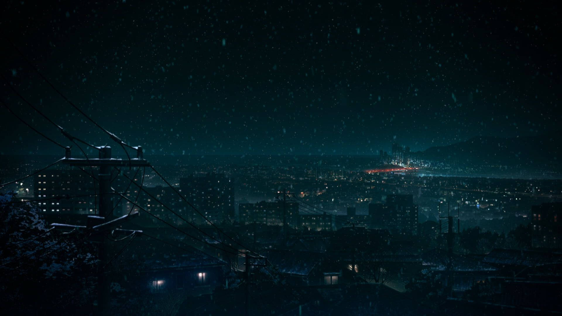 Anime Night City 桌布 壁紙 — 雪靜靜地落在廣闊的城市夜景上，閃爍的燈光和黑暗的電線輪廓。