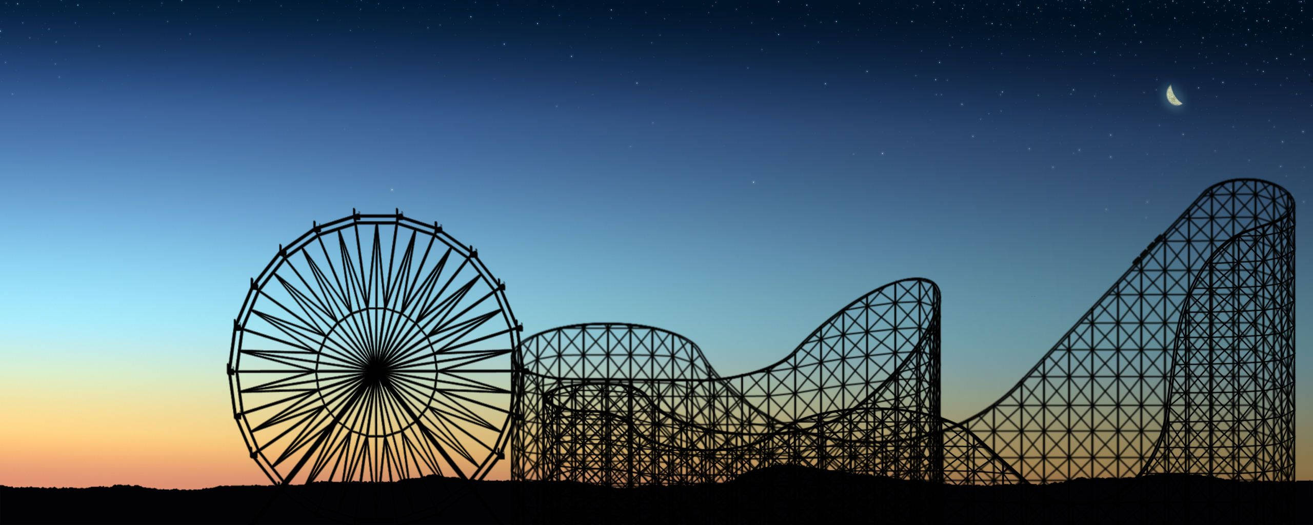 Roller Coaster 桌布 壁紙 — 雲霄飛車和摩天輪的剪影，背景是帶有星星和新月的暮色天空。