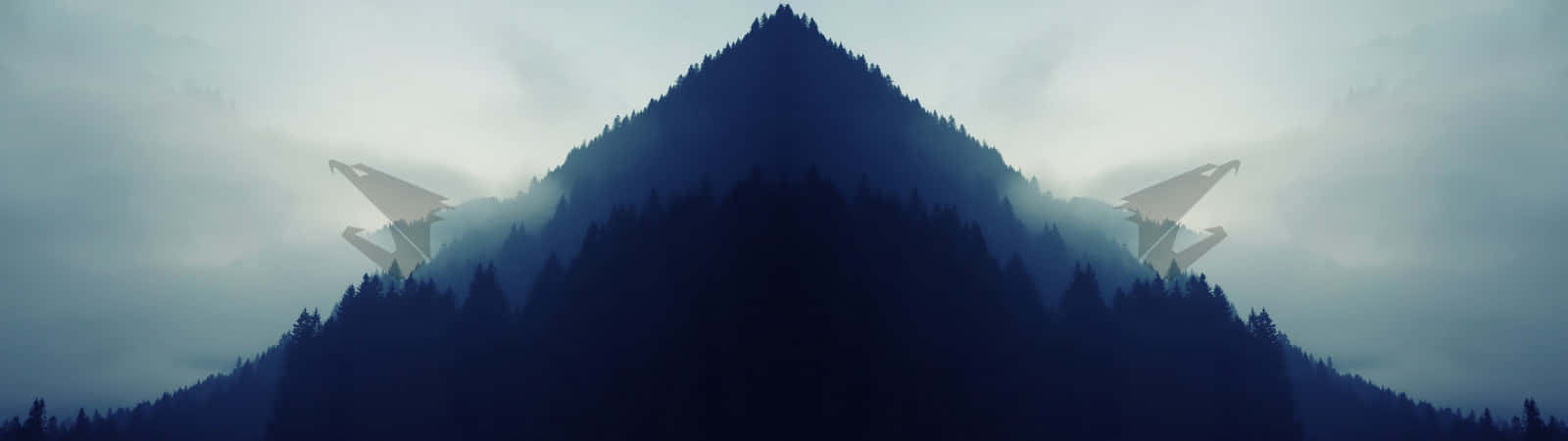 Minimalist Dual Monitor 桌布 壁紙 — 雲霧繚繞的山峰，兩側有兩架發光的白色飛機剪影，背景是陰雲密佈的天空。
