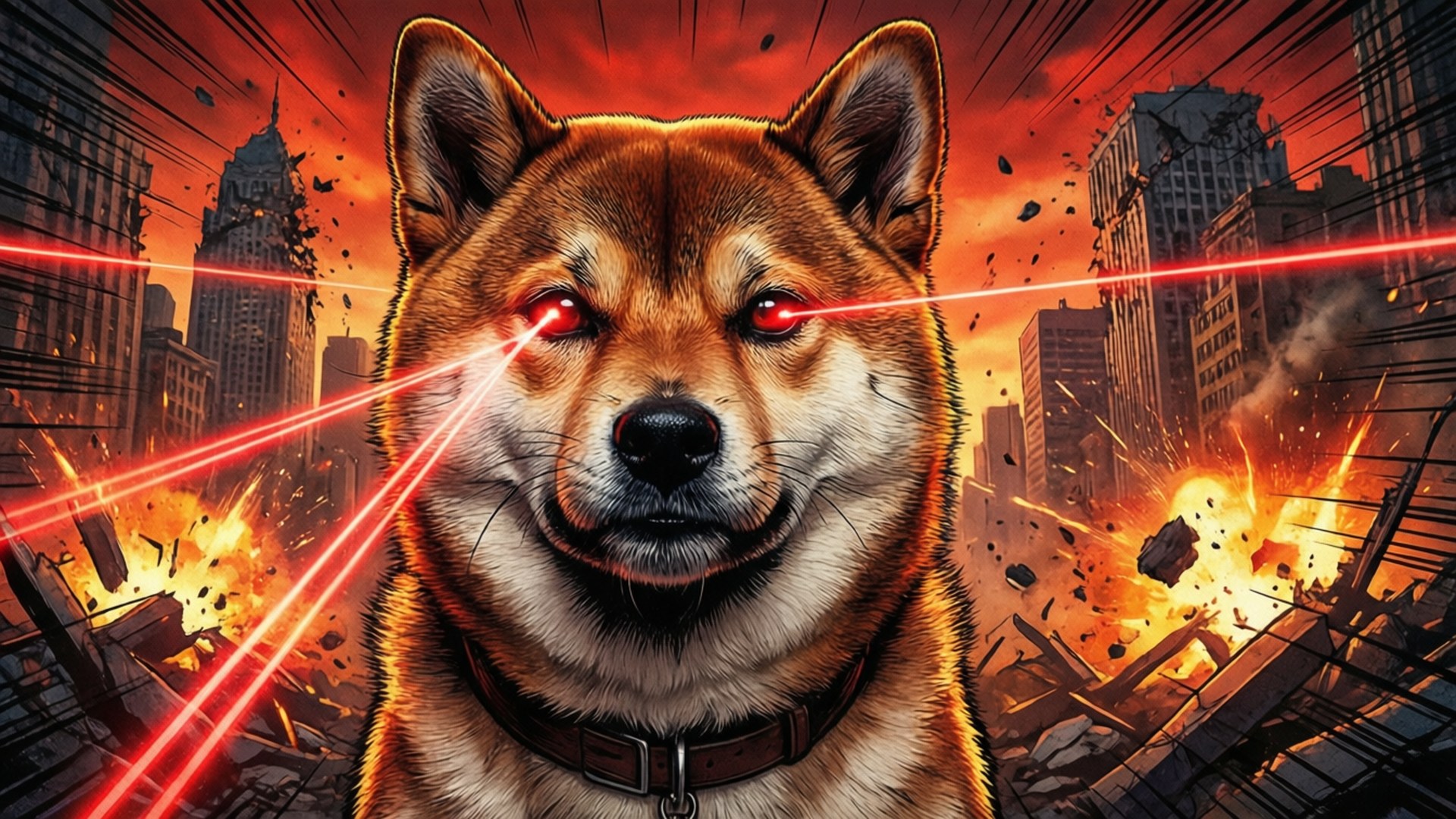 雷射狗狗 壁紙 — 一隻柴犬眼睛發出紅光，在熾熱橙色天空下，穿過崩塌的城市景觀發射雷射光束。