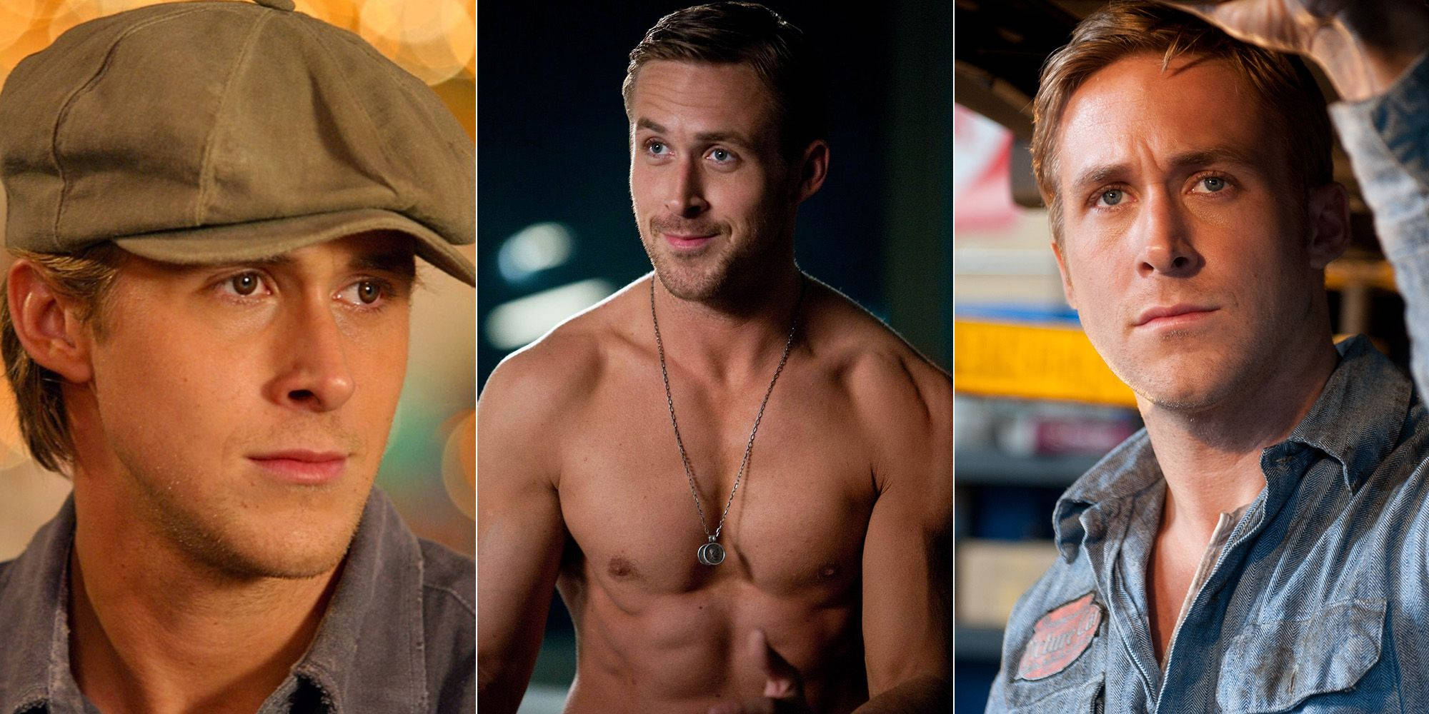 Ryan Gosling 桌布 壁紙 — 雷恩葛斯林三個不同角色：戴帽、赤裸上身戴項鍊、以及身穿牛仔衫褲在工場。