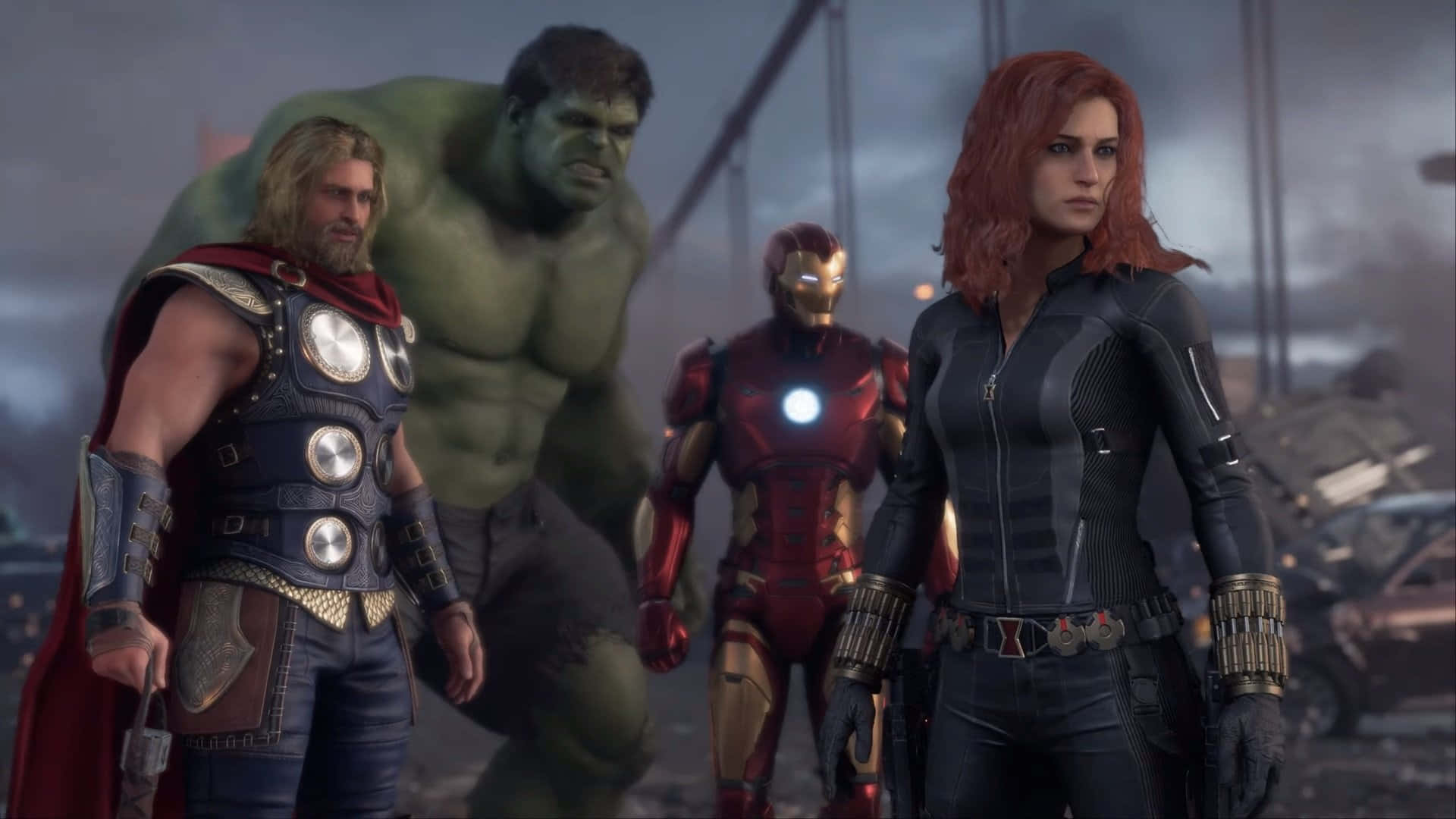 New Avengers 桌布 壁紙 — 雷神、浩克、鋼鐵人和黑寡婦在暴風雨的天空下一起站在廢墟般的城市戰場上。