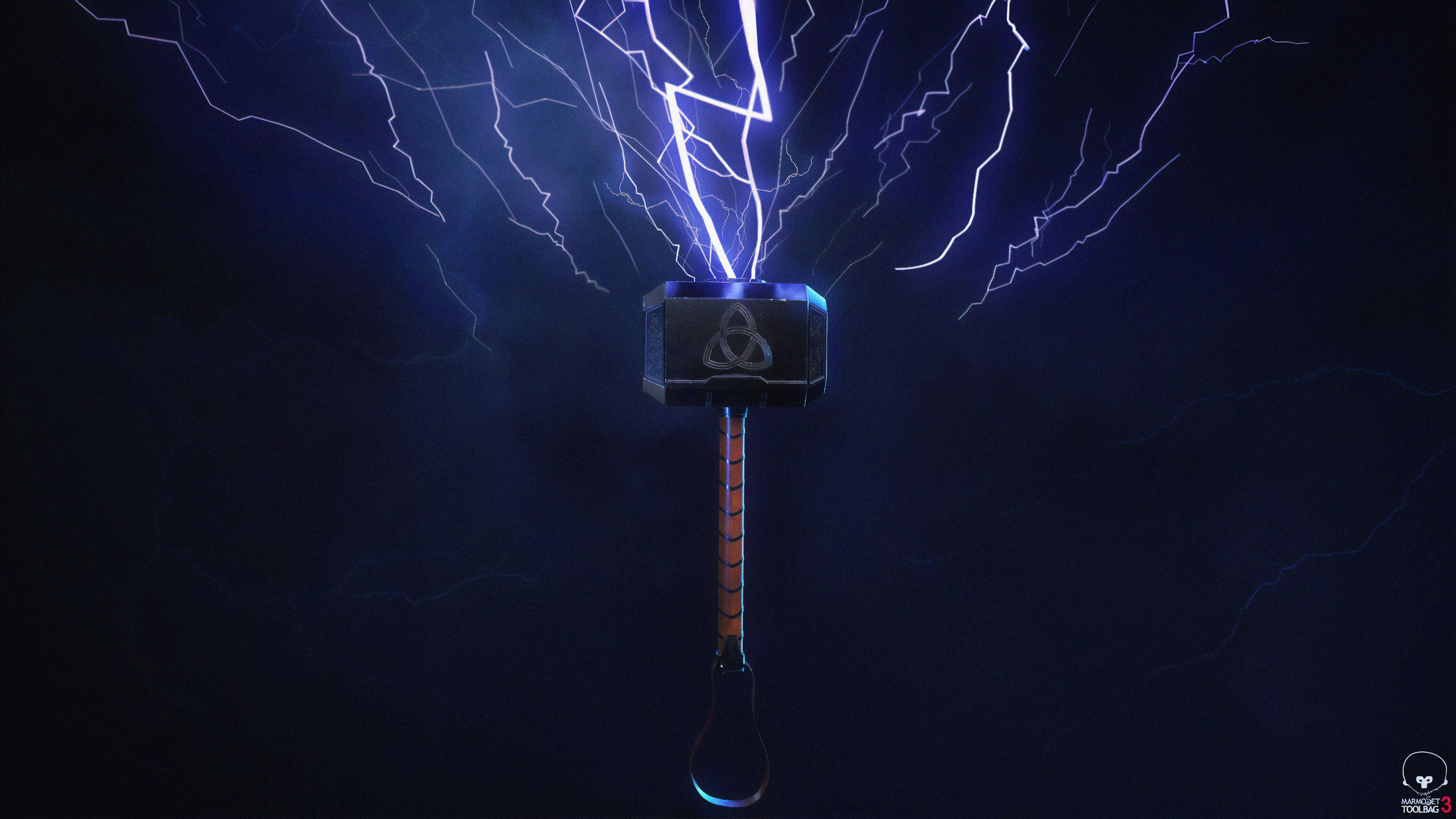 Thors Hammer 桌布 壁紙 — 雷神之鎚妙爾尼爾在黑暗的暴風雨天空中發出電光藍色的閃電。