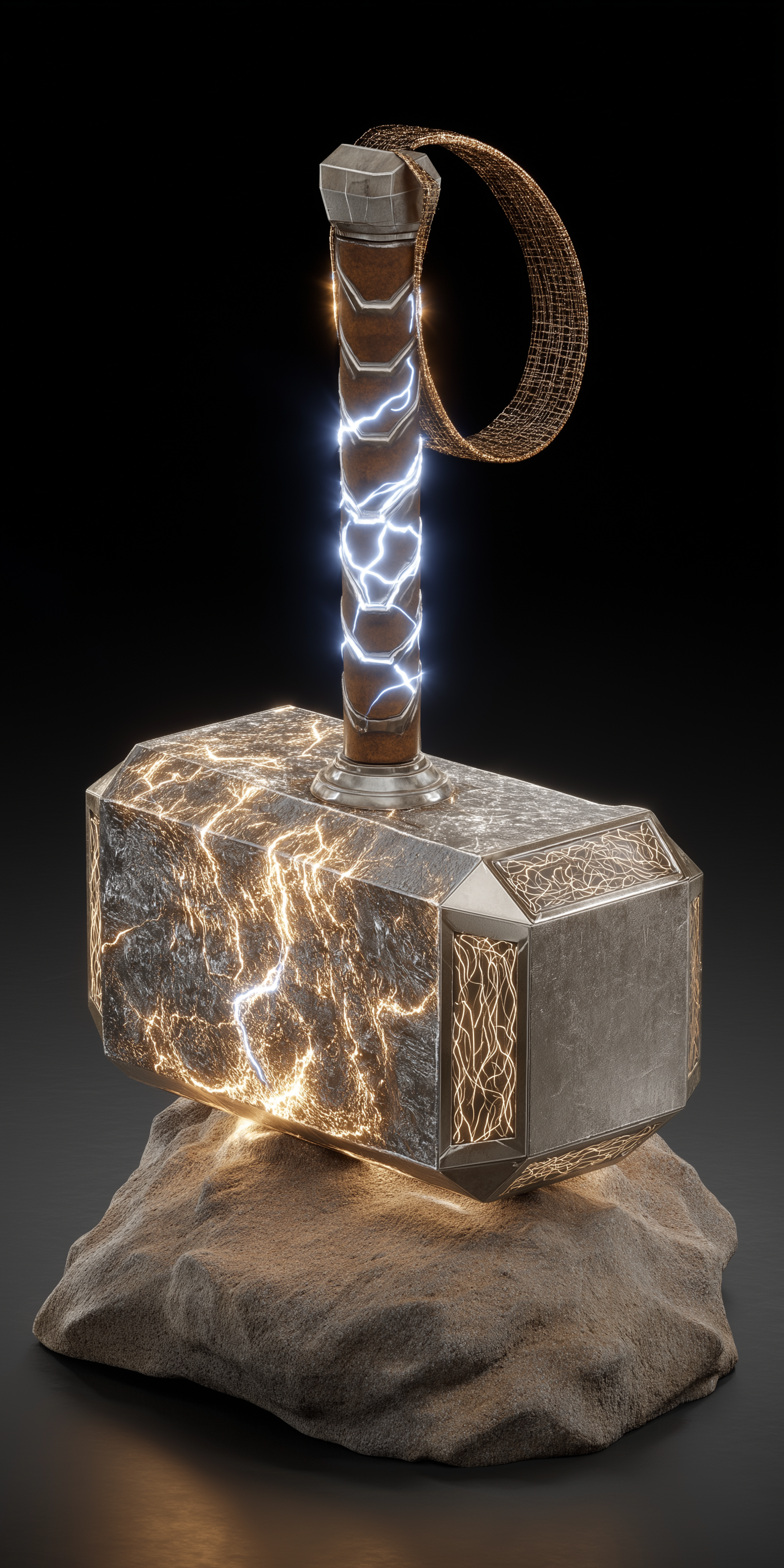 Norse Mythology 桌布 壁紙 — 雷神之鎚妙爾尼爾閃爍著電光能量，擱在粗糙的石座上，背景漆黑。