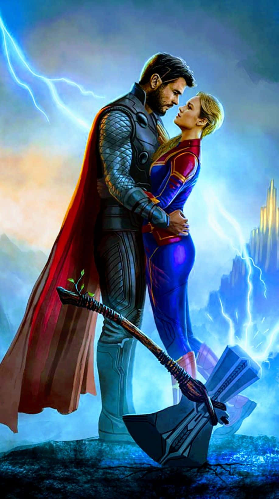 Captain Marvel 3d 桌布 壁紙 — 雷神和超級女孩在暴風雨的天空下溫柔擁抱，伴隨著閃電和腳下破碎的錘子。