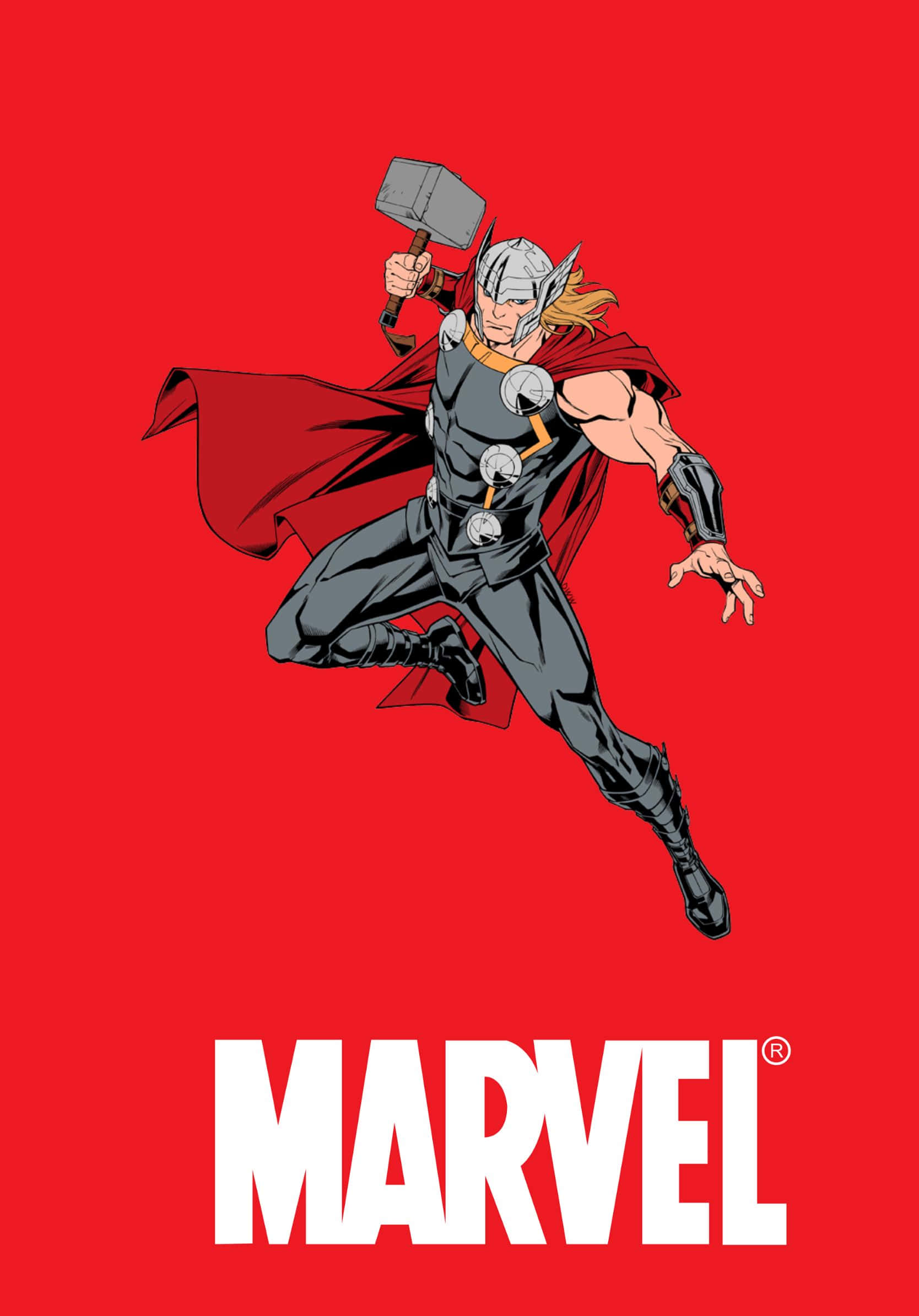 Best Marvel 桌布 壁紙 — 雷神索爾以動態姿勢揮舞錘子，背景為大膽紅色，下方有Marvel標誌。