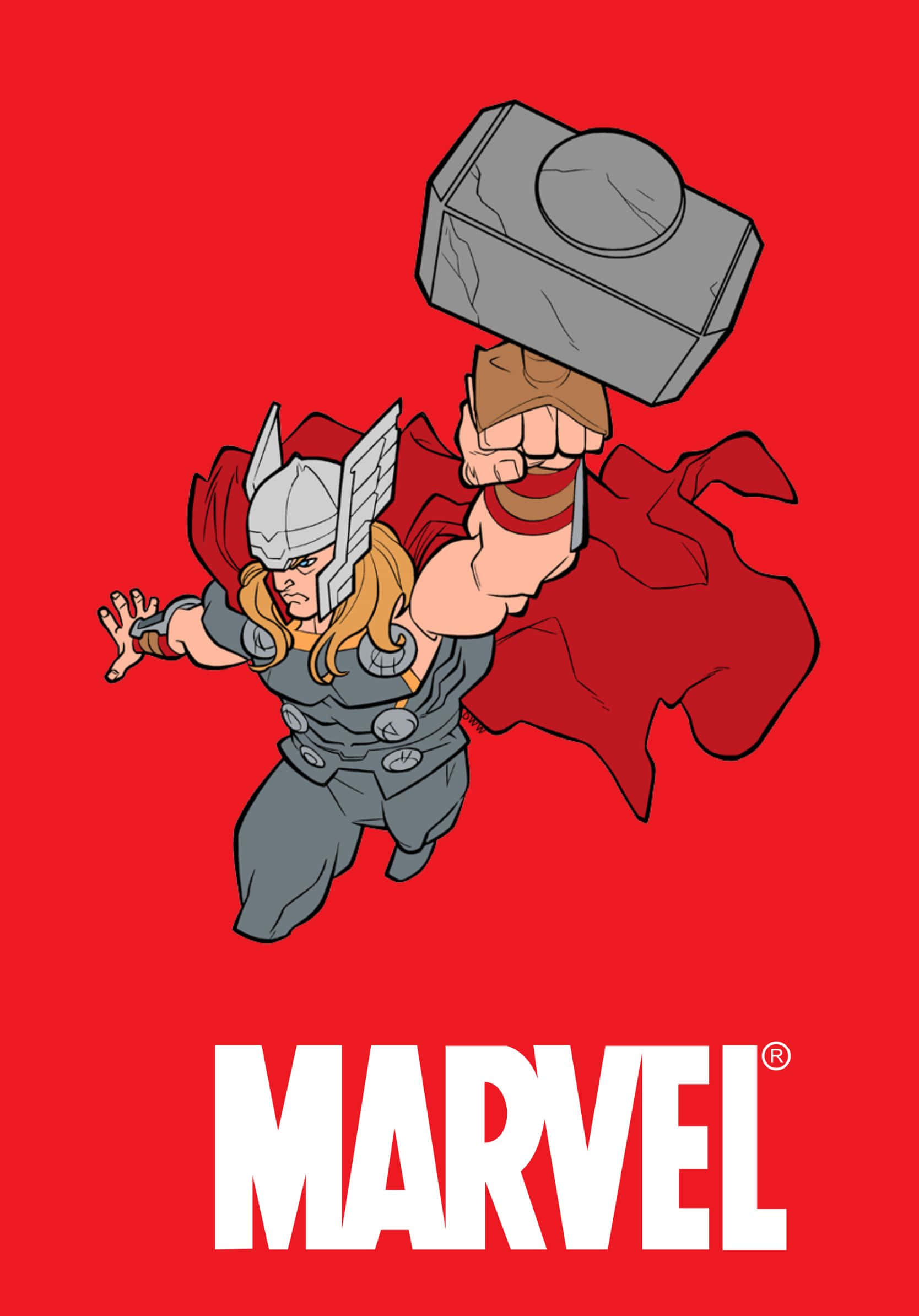 Best Marvel 桌布 壁紙 — 雷神索爾以經典漫畫風格，在鮮紅色背景前高舉錘子向前躍進。