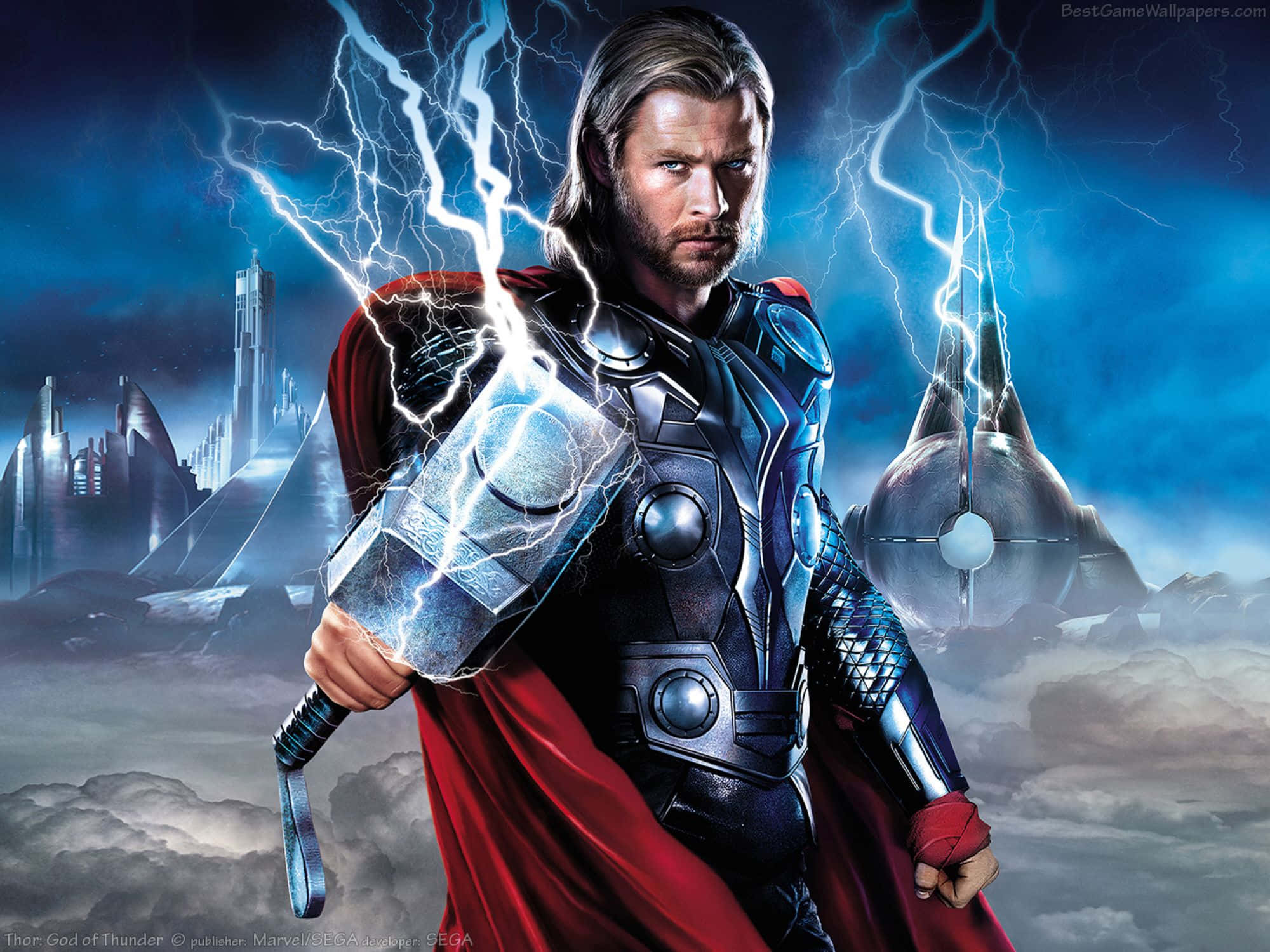 God Of Thunder 桌布 壁紙 — 雷神索爾在暴風天空中強勢站立，手持發光錘子，周圍環繞著閃電和未來派廢墟。