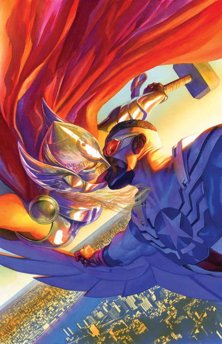 Jane Foster 桌布 壁紙 — 雷神與美國隊長在發光的城市景觀上空碰撞，帶有鮮紅色的斗篷和金色盔甲。
