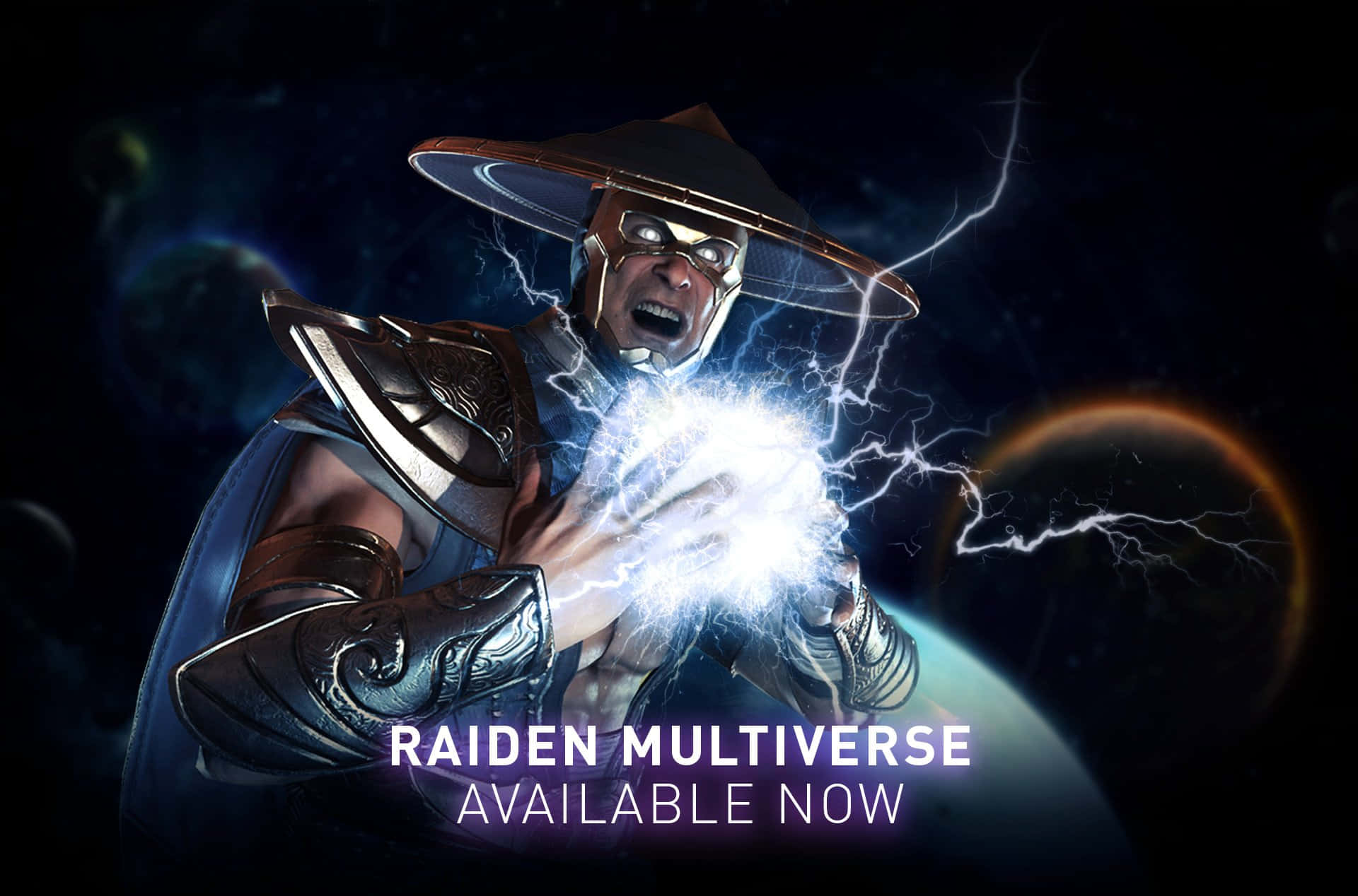 Mortal Kombat Raiden 桌布 壁紙 — 雷電在一個宇宙環境中引導劈啪作響的閃電能量，身後有行星和恆星。