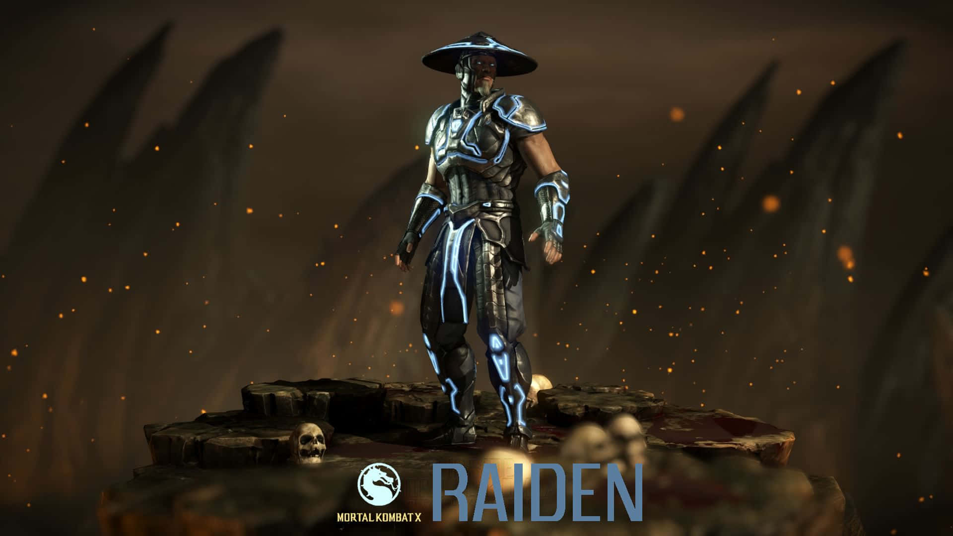 Mortal Kombat Raiden 桌布 壁紙 — 雷電站在一個散落著頭骨的平台上，身處黑暗洞穴中，藍色發光能量流經他的盔甲，周圍漂浮著餘燼。