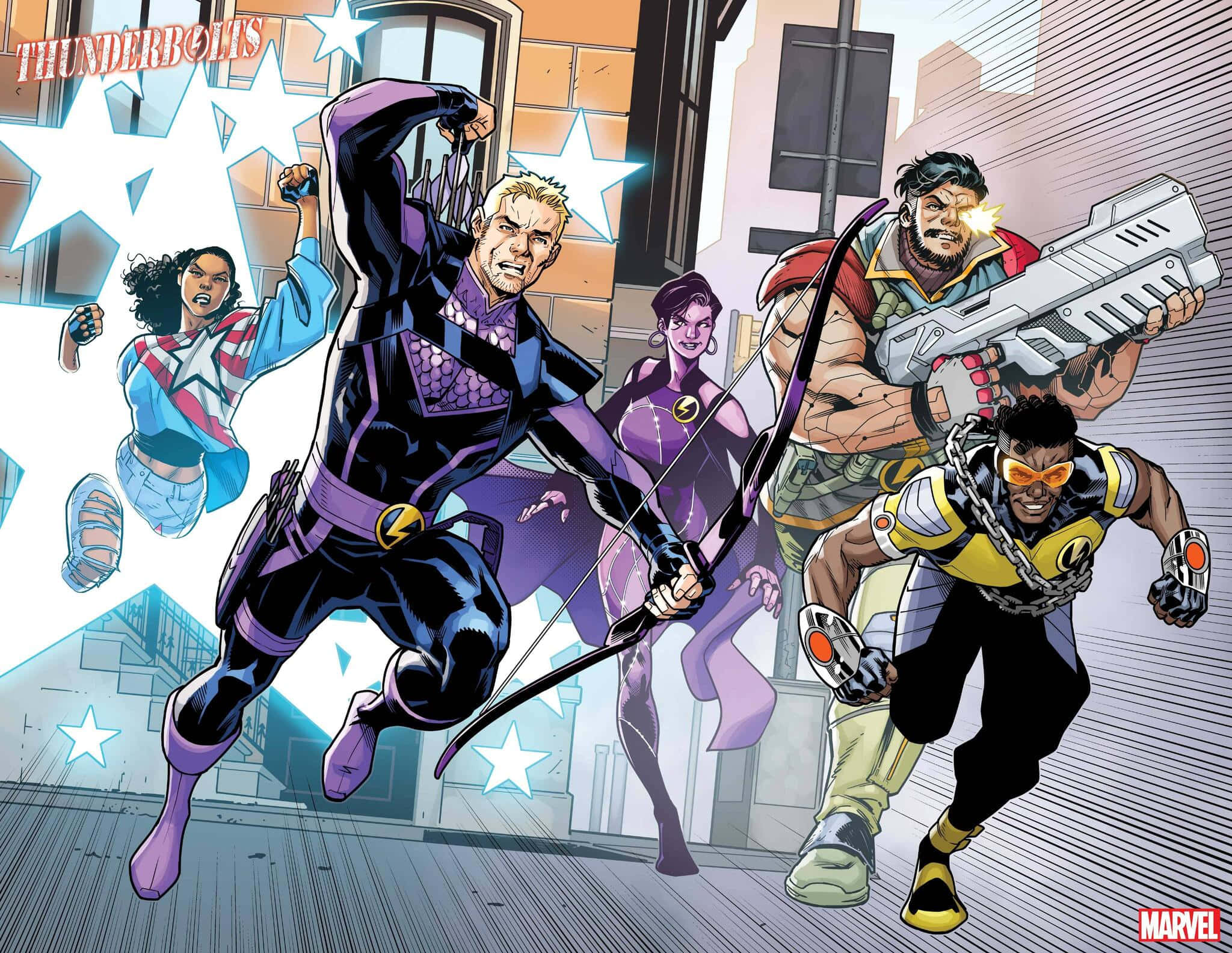 Thunderbolts 桌布 壁紙 — 雷霆特攻隊在都市街道上衝鋒，手持武器，星爆四射的動態漫畫插圖。