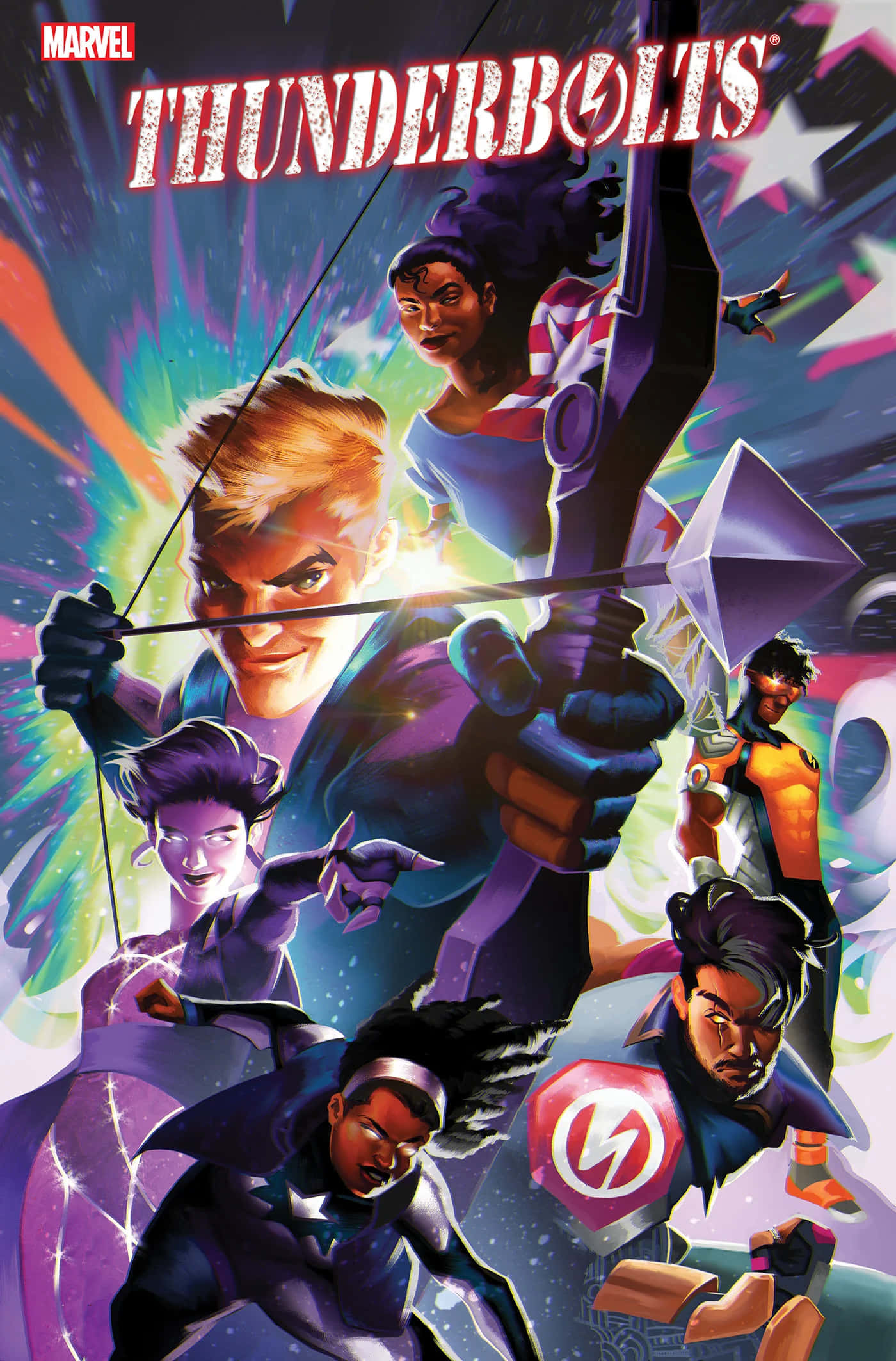 Thunderbolts 桌布 壁紙 — 雷霆特攻隊的動感漫畫封面，角色在充滿活力的宇宙背景下擺出動作姿勢。