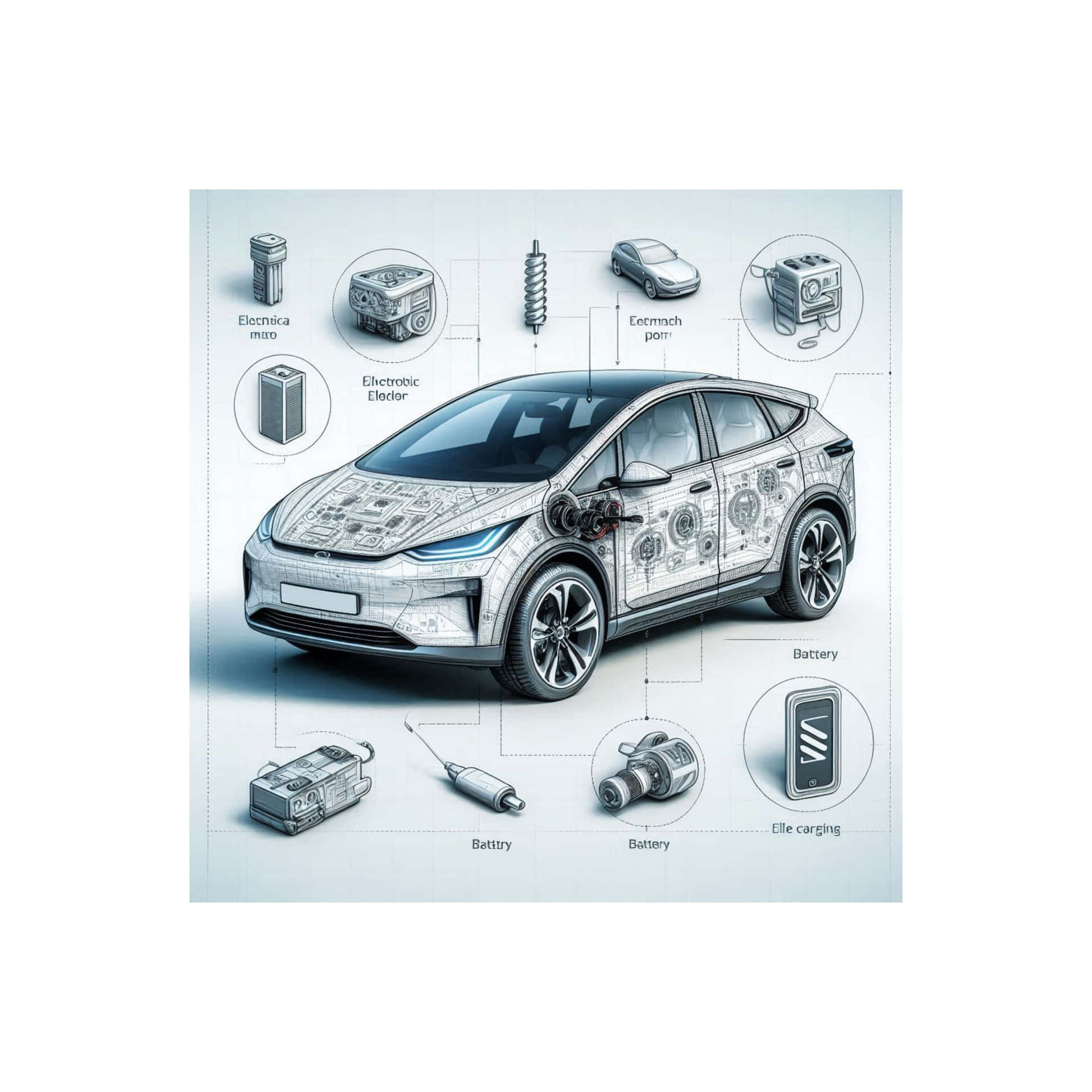 diagrammatic drawing  - diagrammatic electric car drawing6 壁紙 — 電動車的技術藍圖風格插圖，帶有標籤的組件，如電池、馬達和充電端口。