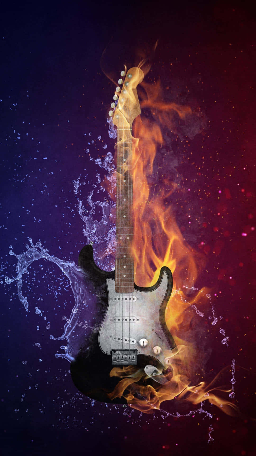 Guitar Aesthetic 桌布 壁紙 — 電吉他遭火焰吞噬，水花四濺，背景是宇宙紫色和紅色。