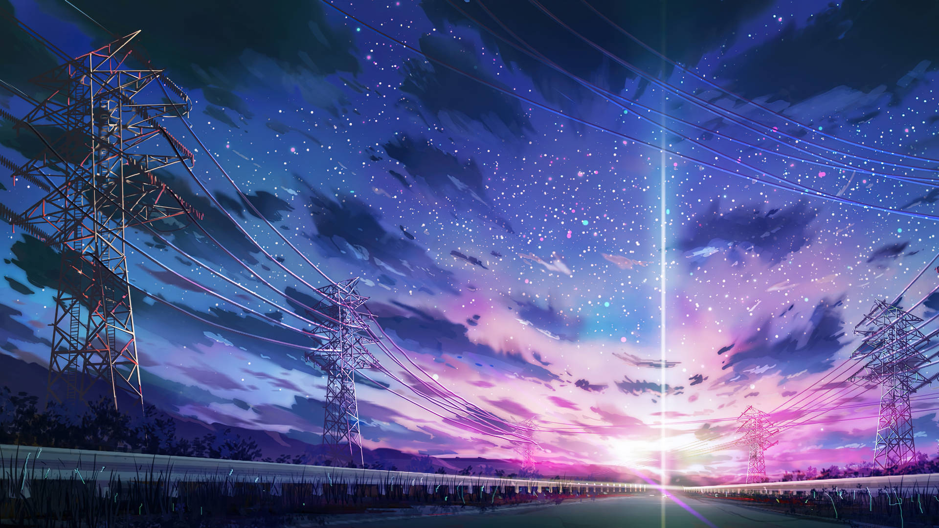 電塔在星空暮色天空下，帶有紫色、粉紅色和藍色色調。 — 動畫風景 壁紙